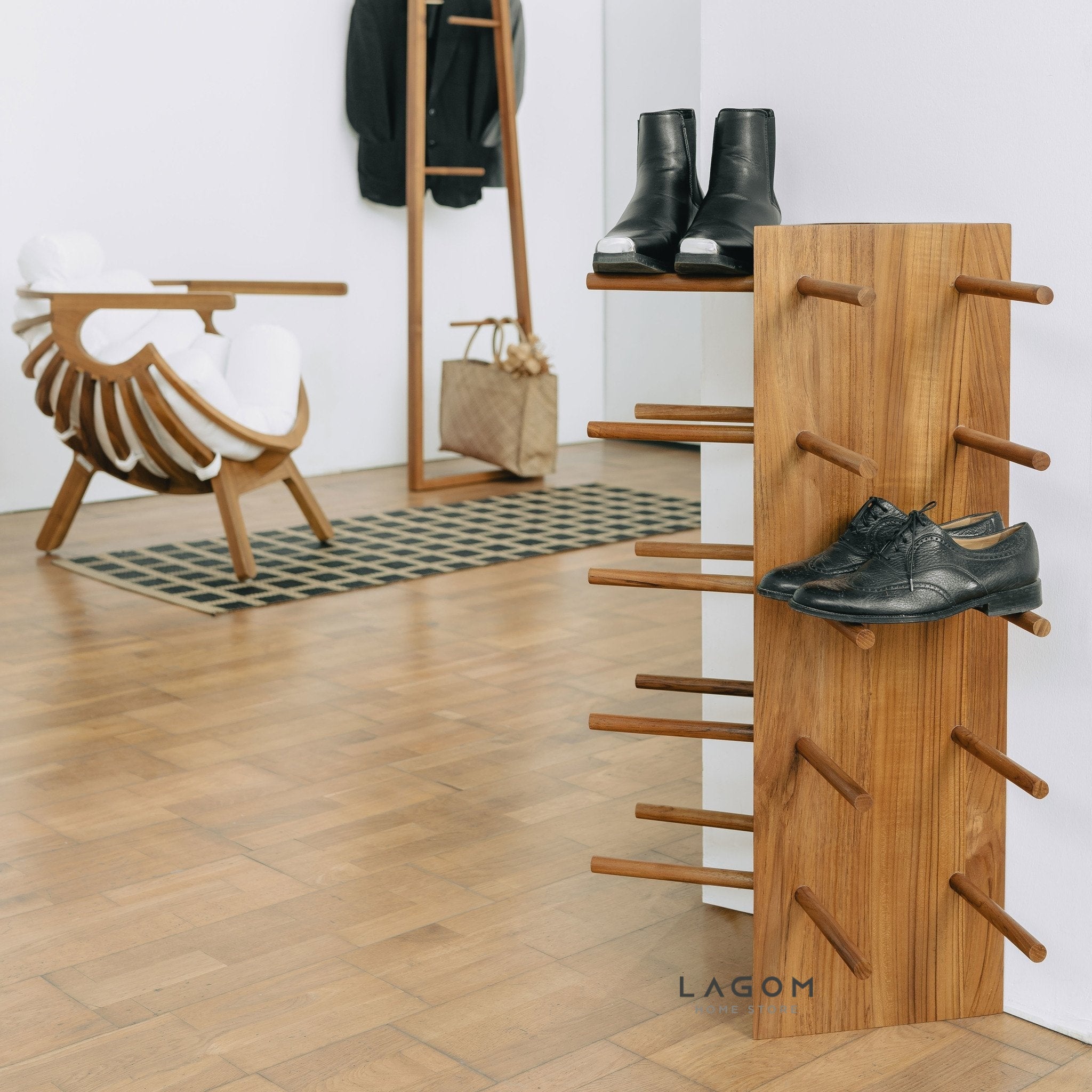 10-Pair Triangular Teak Shoe Rack Shoe Rack Lagom Home Store Jati Furnitur Teak Furniture Jakarta