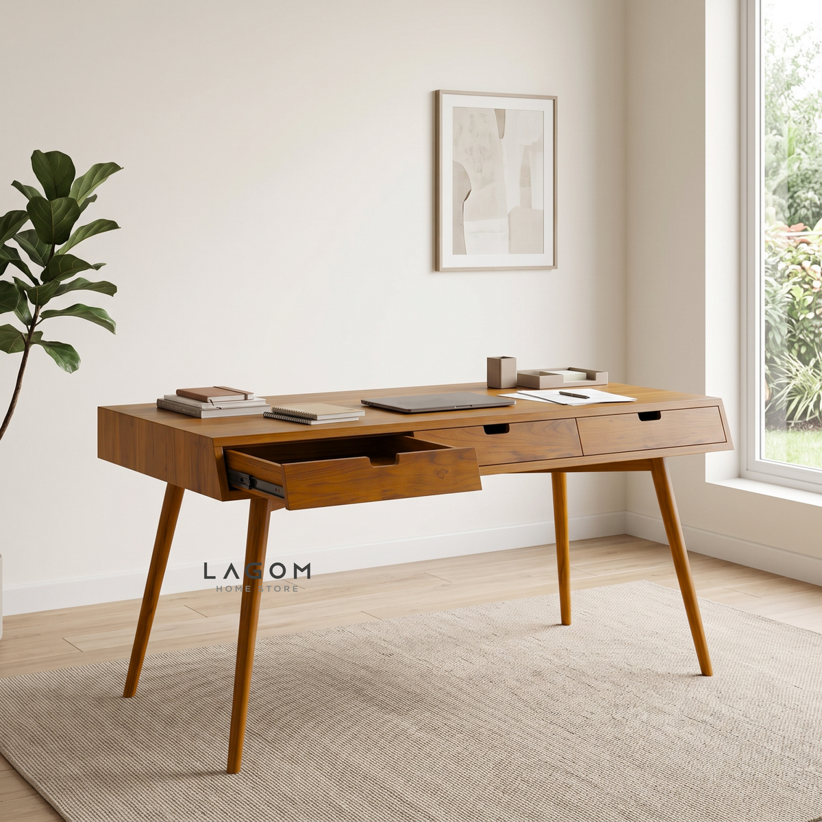 Minimalist Desk with Seating Options | Solid Teak Wood