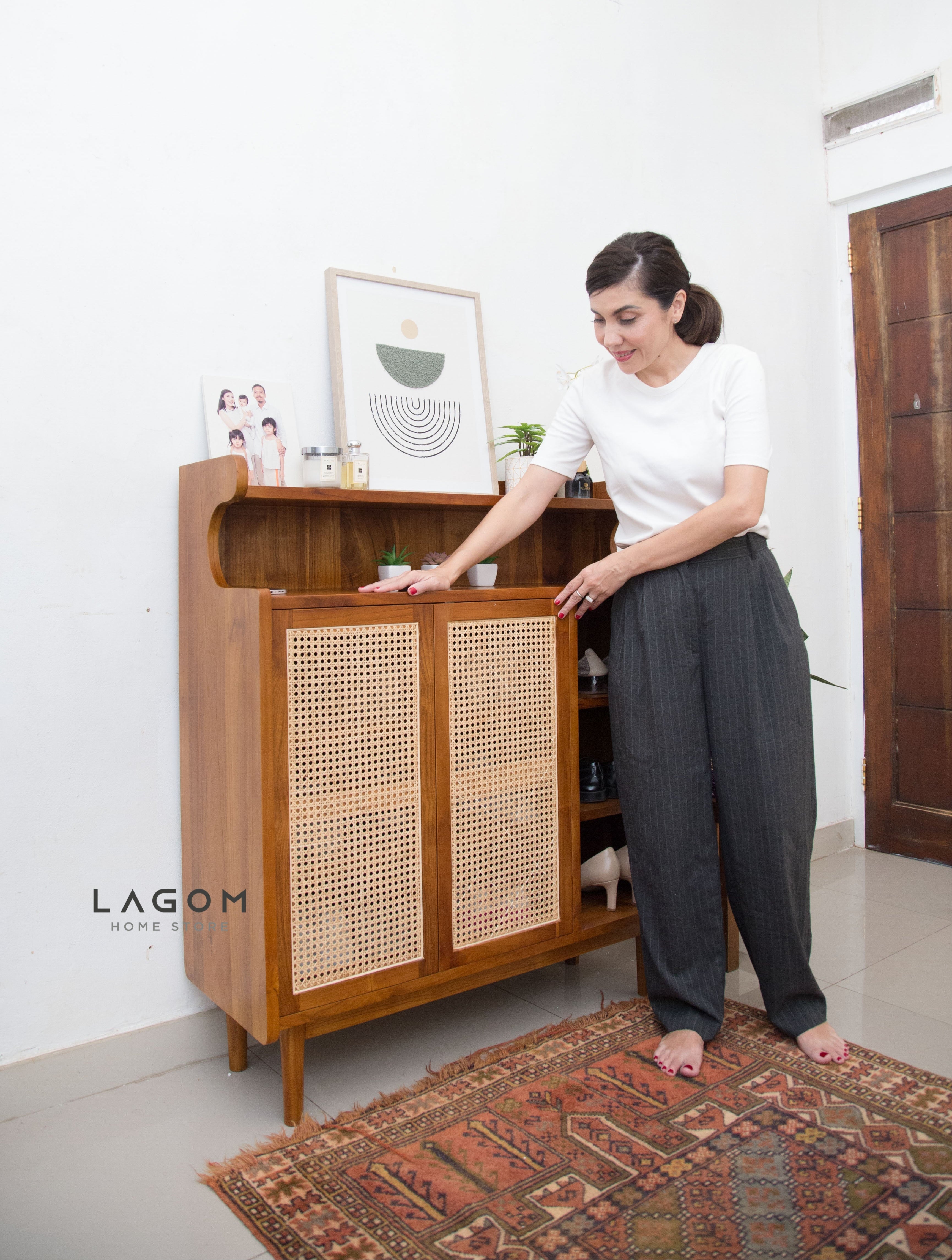 12-Pair Premium Shoe Rack in Teak & Rattan Shoe Rack Lagom Home Store Jati Furnitur Teak Furniture Jakarta