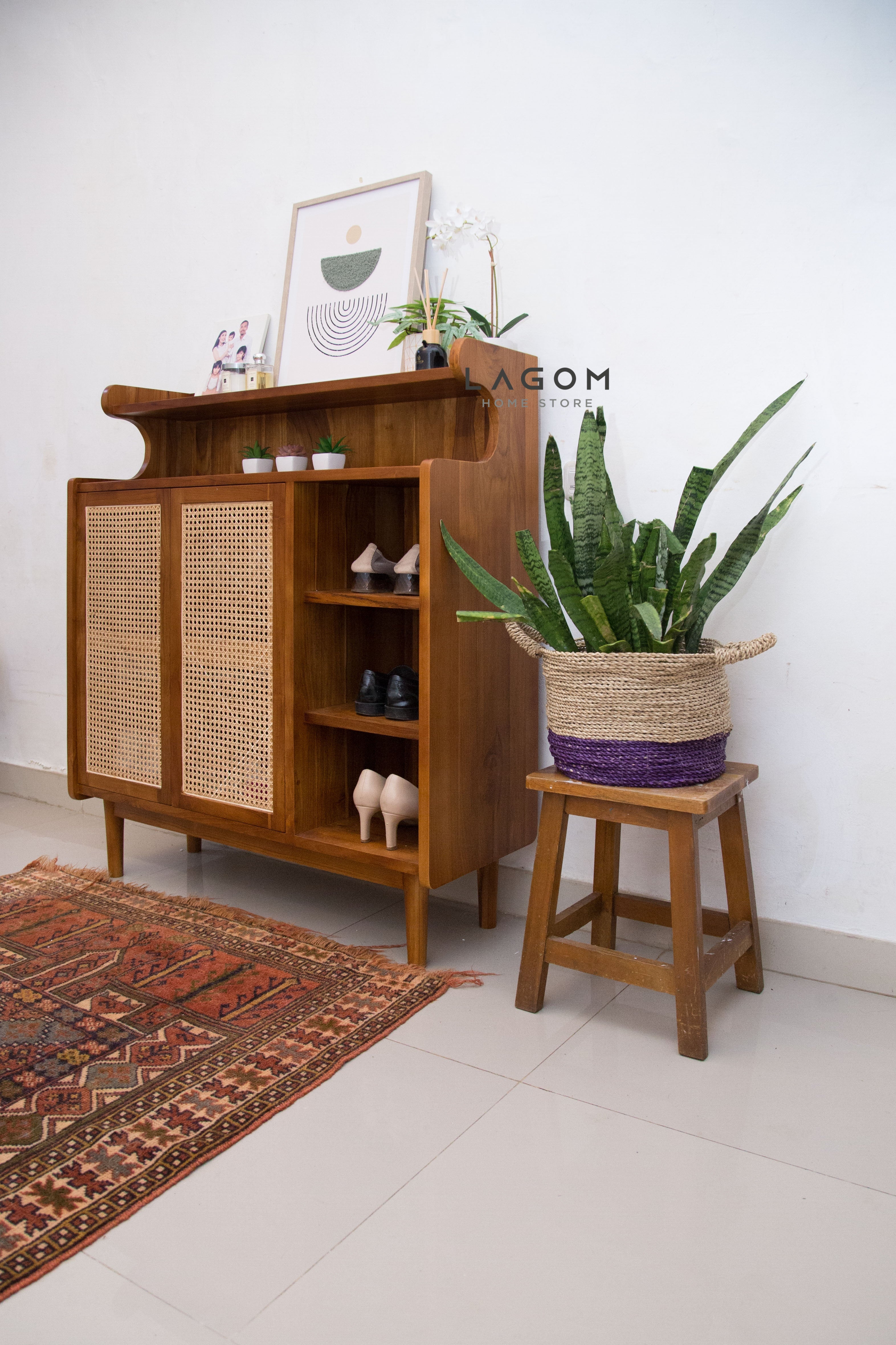 12-Pair Premium Shoe Rack in Teak & Rattan Shoe Rack Lagom Home Store Jati Furnitur Teak Furniture Jakarta