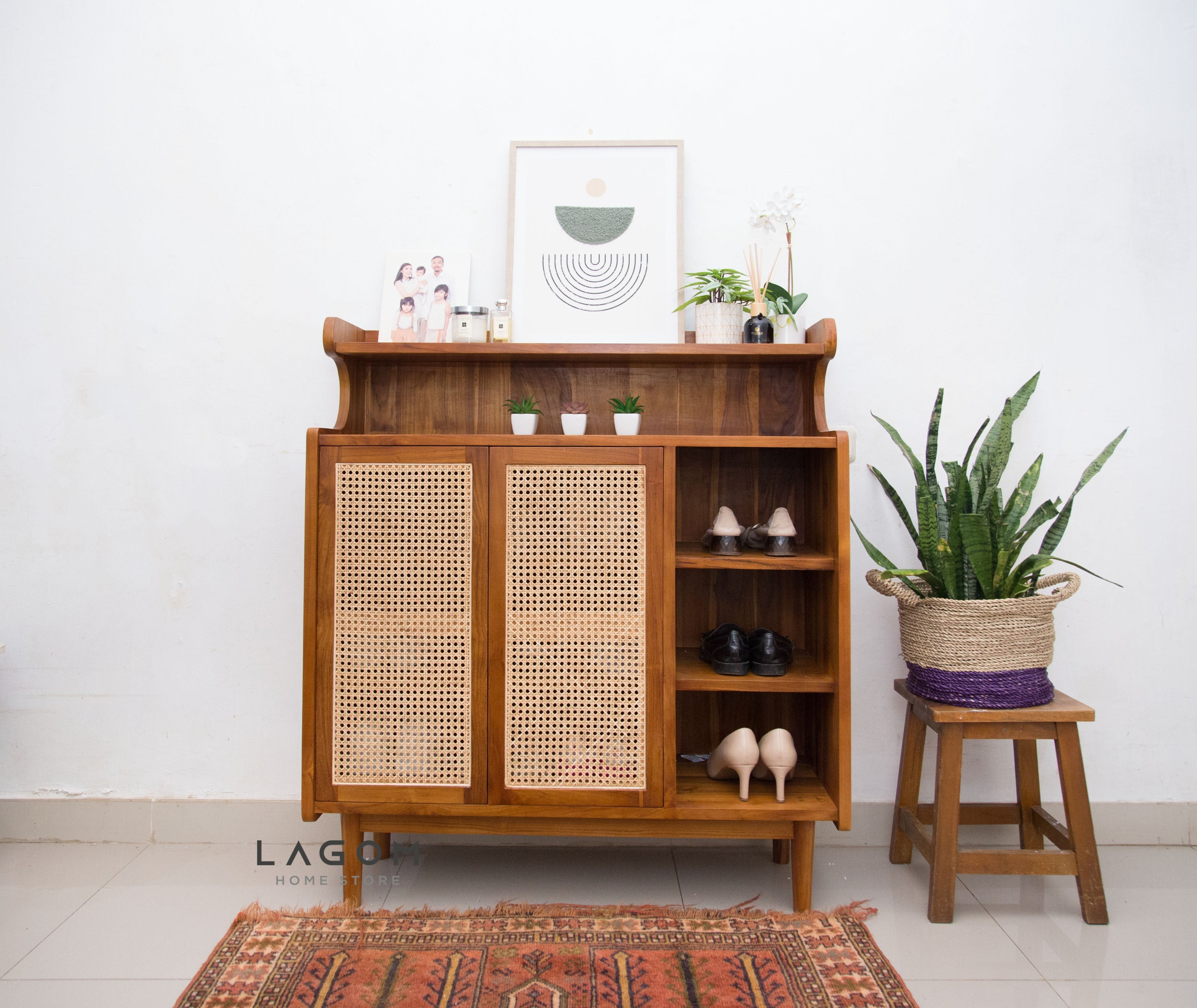 12-Pair Premium Shoe Rack in Teak & Rattan Shoe Rack Lagom Home Store Jati Furnitur Teak Furniture Jakarta