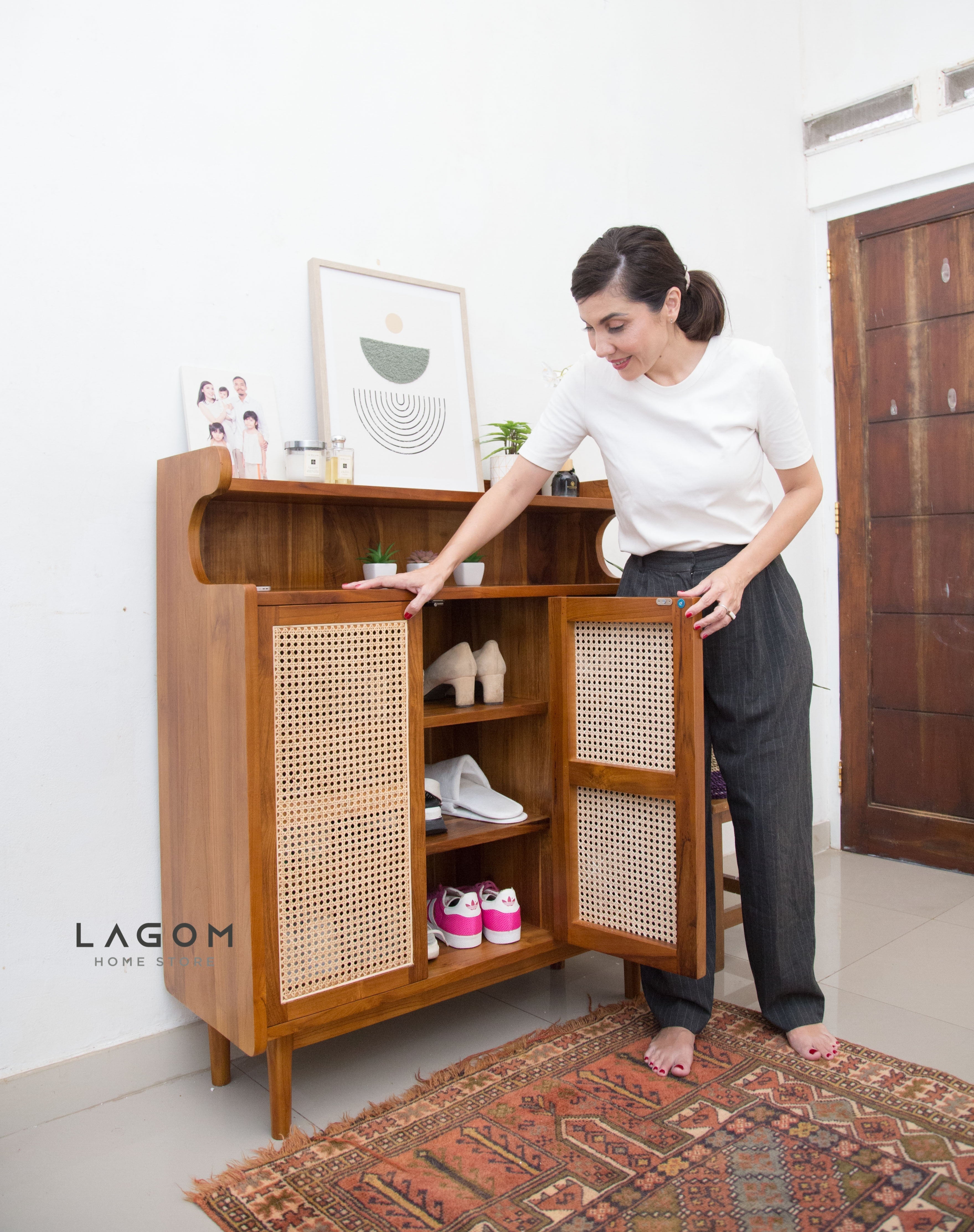 12-Pair Premium Shoe Rack in Teak & Rattan Shoe Rack Lagom Home Store Jati Furnitur Teak Furniture Jakarta