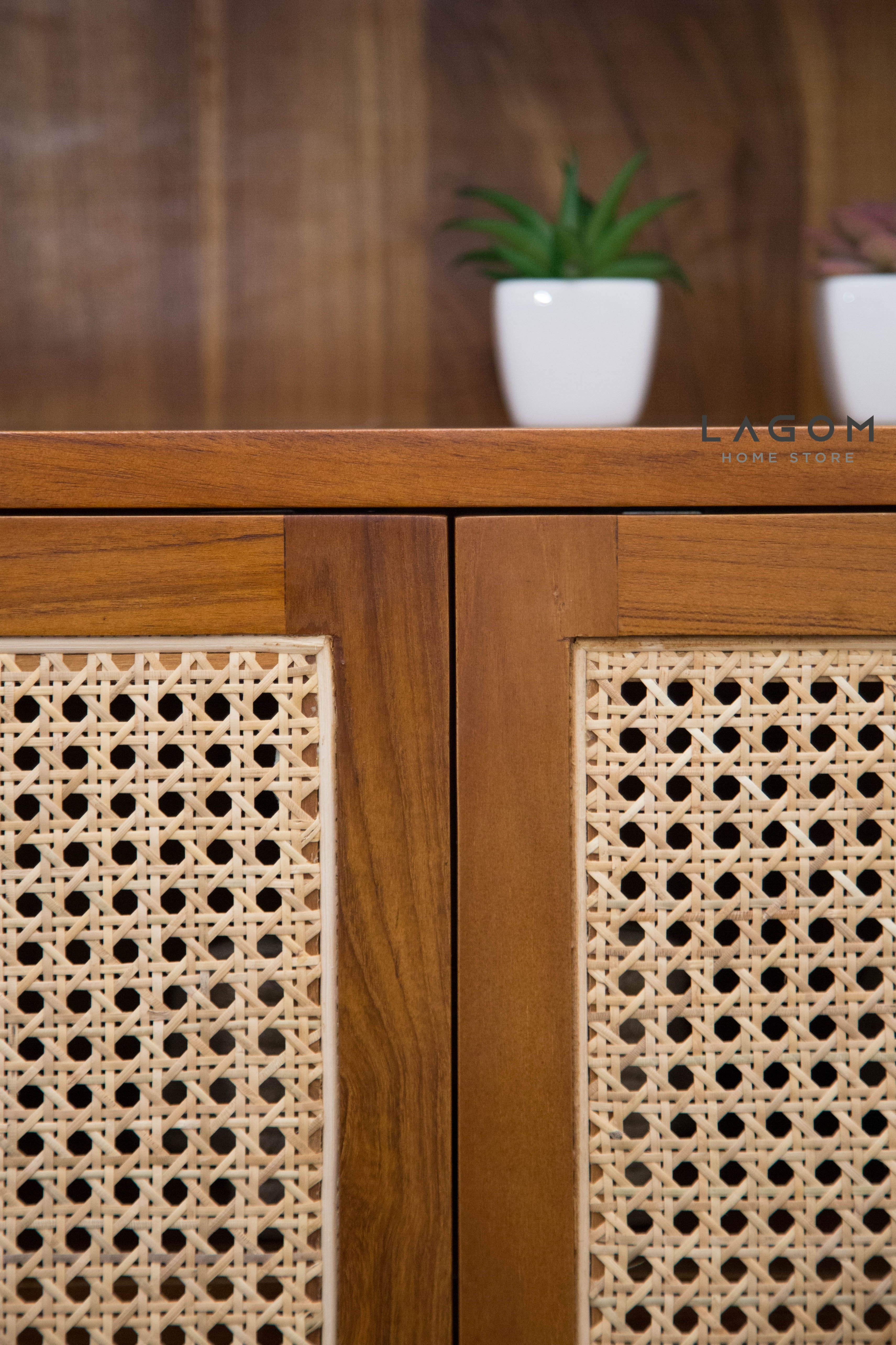 12-Pair Premium Shoe Rack in Teak & Rattan Shoe Rack Lagom Home Store Jati Furnitur Teak Furniture Jakarta