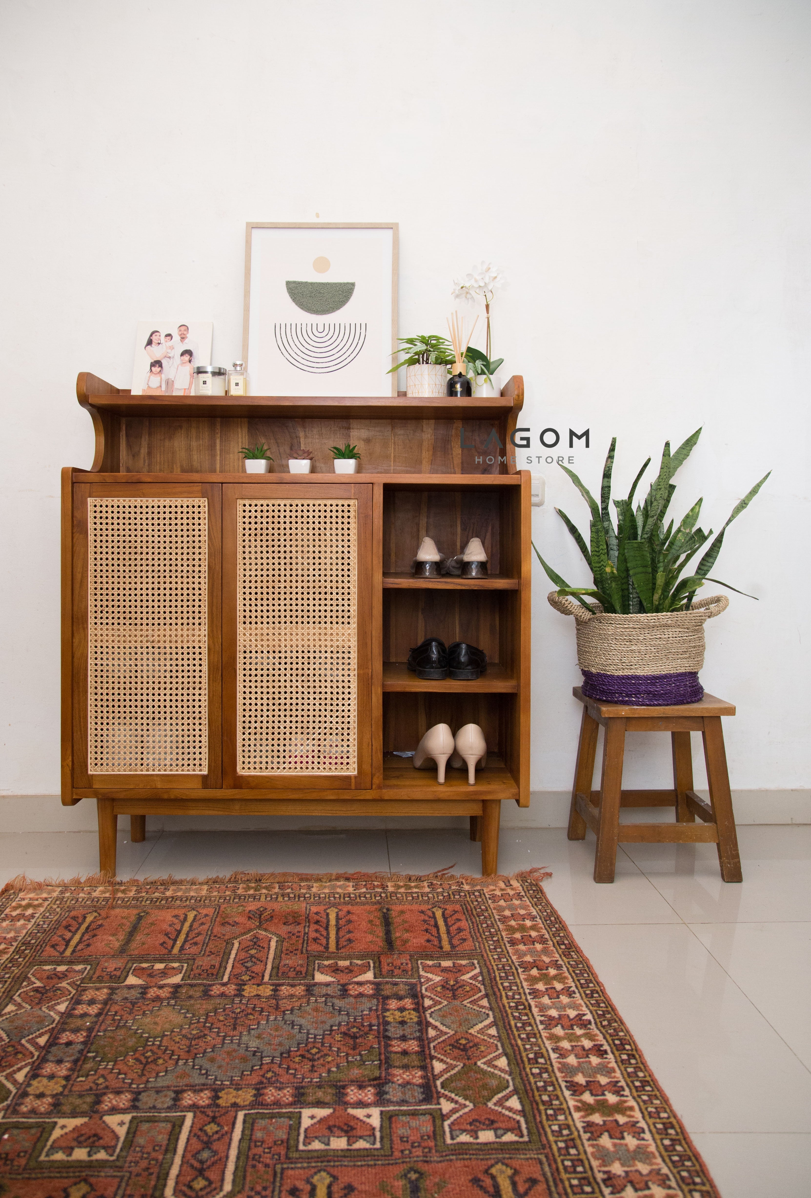 12-Pair Premium Shoe Rack in Teak & Rattan Shoe Rack Lagom Home Store Jati Furnitur Teak Furniture Jakarta