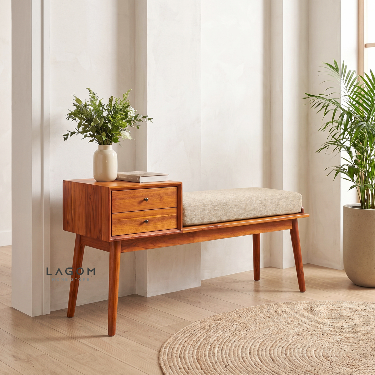 Solid Teak Bench with Two Drawers & Premium Cushion