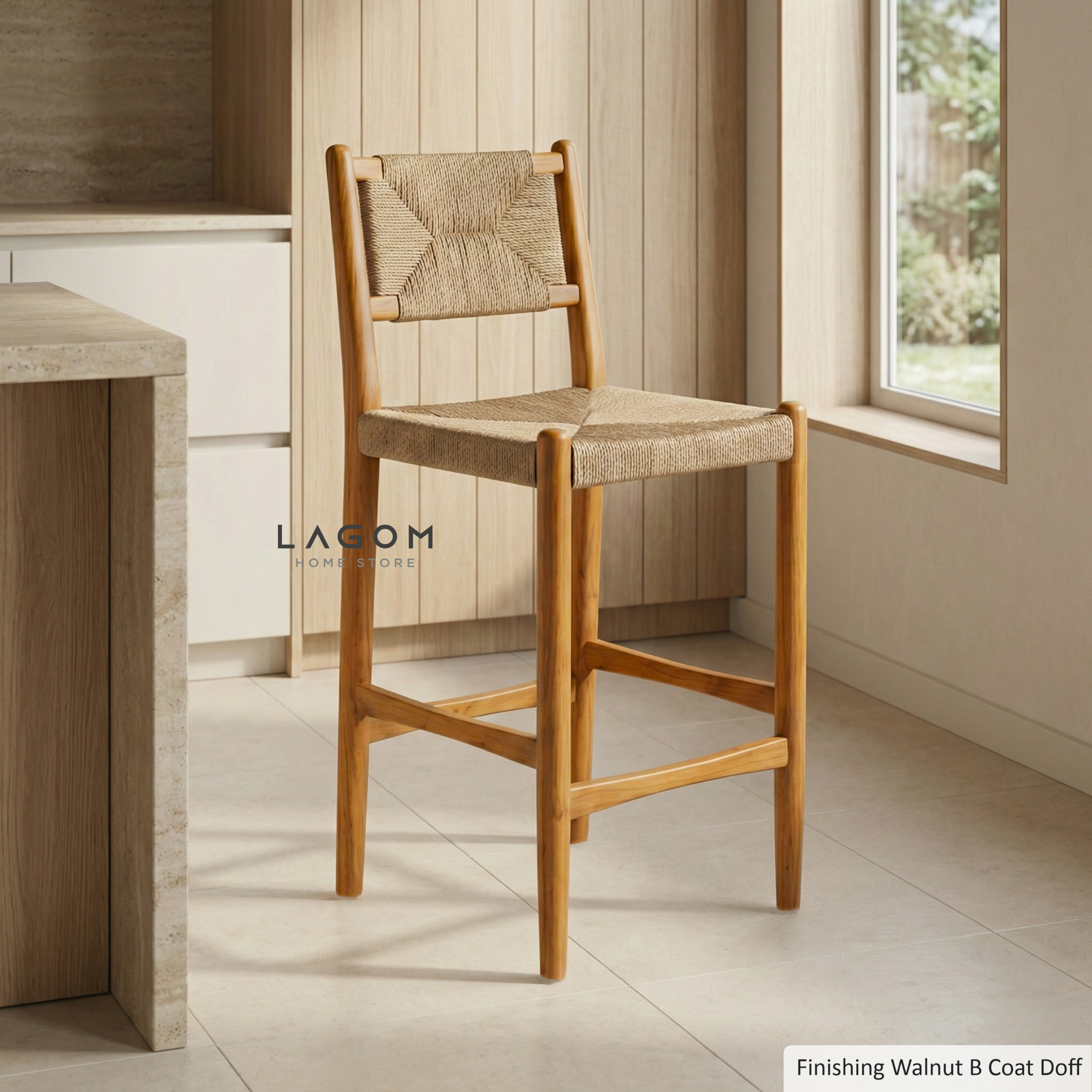 Artisan Bar Stool in Solid Teak & Handwoven Paper Loom