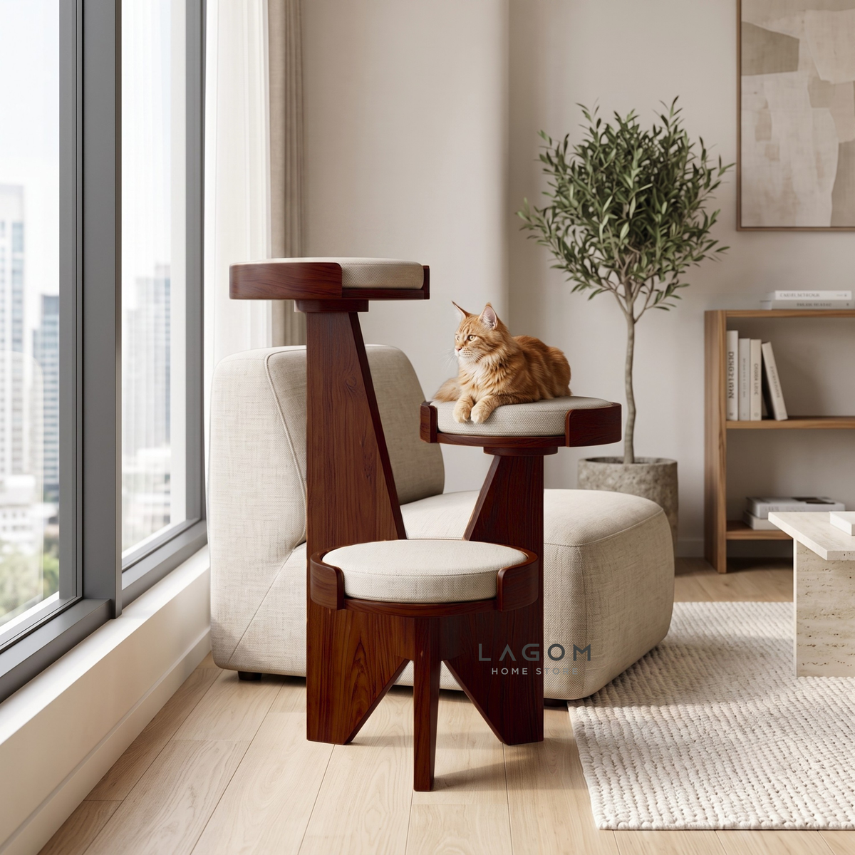 3-Level Solid Teak Cat Tree