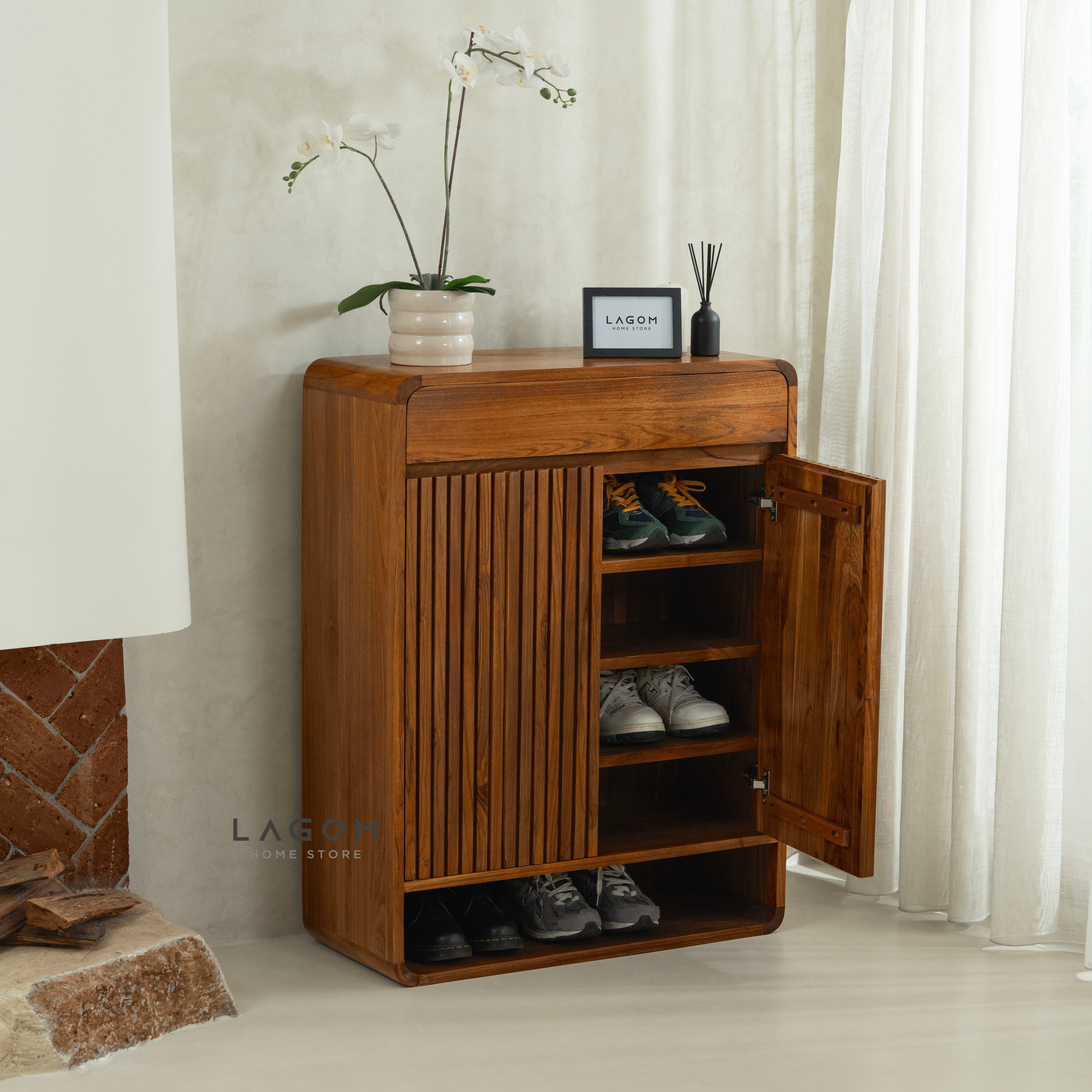 15-Pair Teak Shoe Cabinet with Soft-Close Doors Shoe Storage Lagom Home Store Jati Furnitur Teak Furniture Jakarta