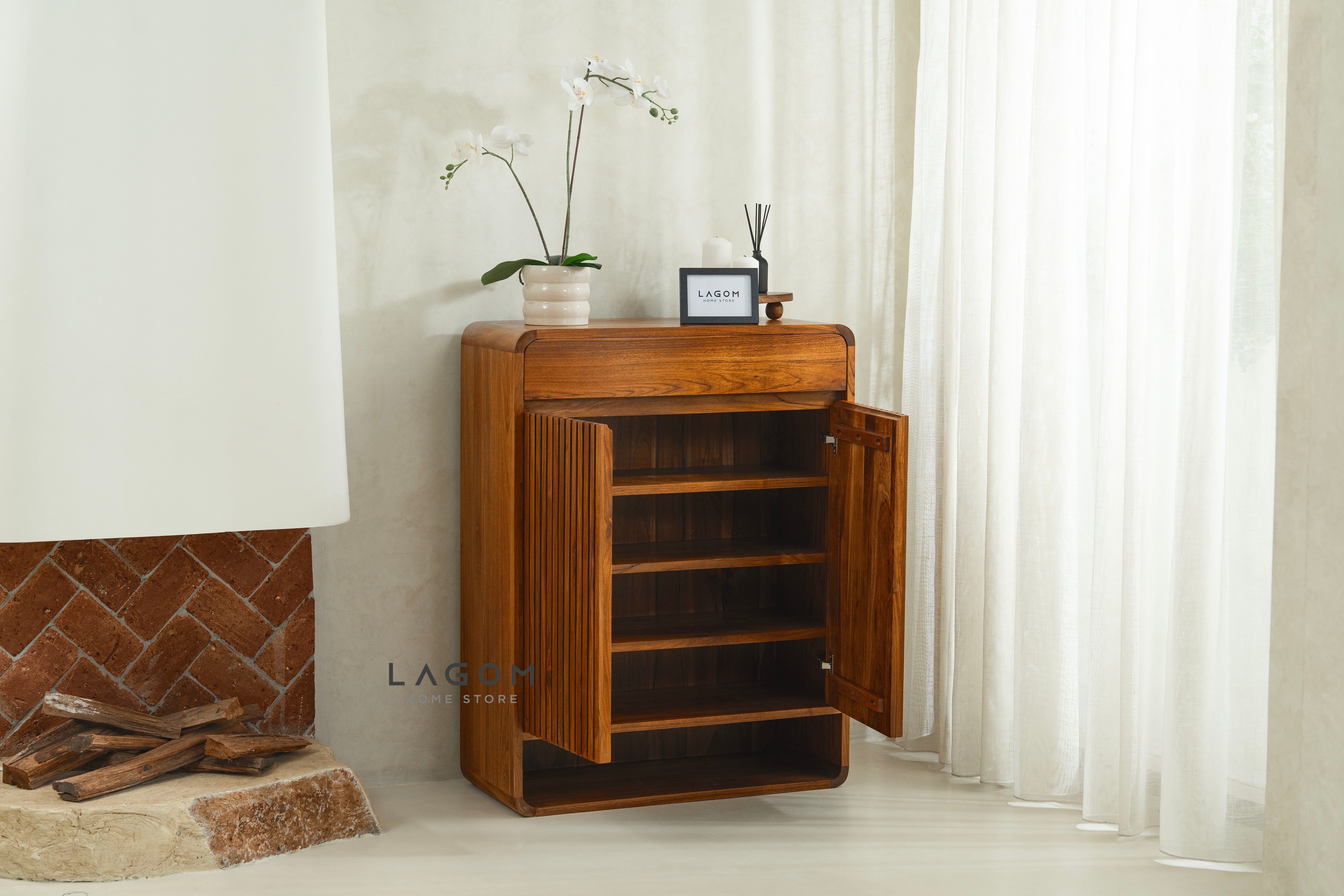 15-Pair Teak Shoe Cabinet with Soft-Close Doors Shoe Storage Lagom Home Store Jati Furnitur Teak Furniture Jakarta