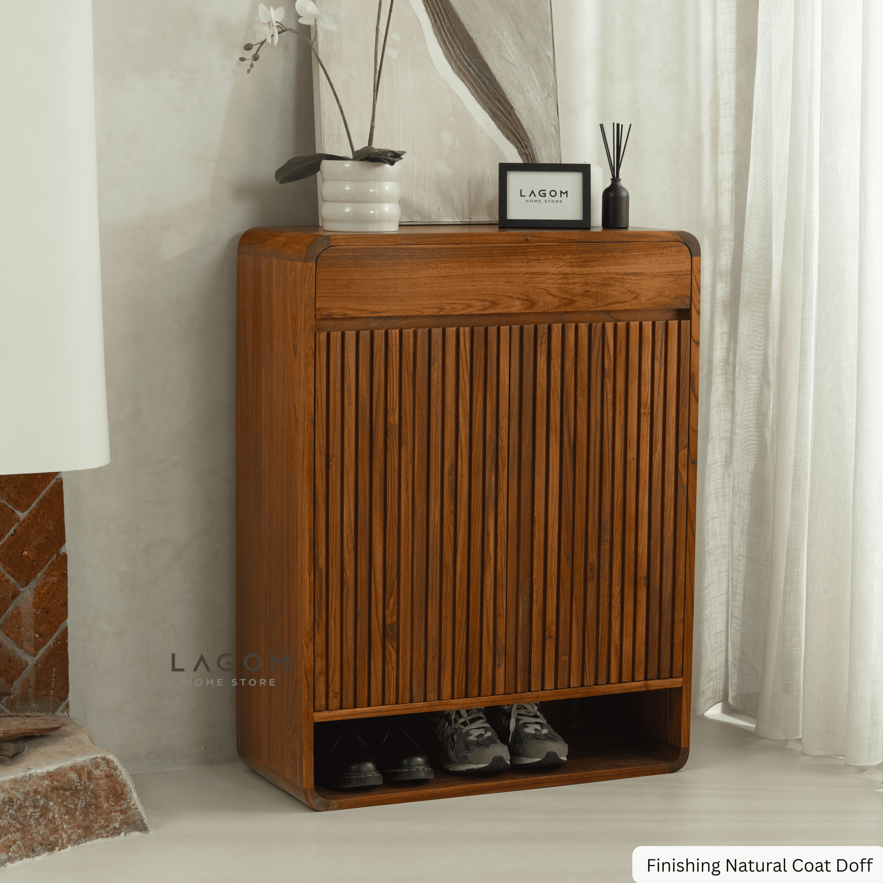 15-Pair Teak Shoe Cabinet with Soft-Close Doors Shoe Storage Lagom Home Store Jati Furnitur Teak Furniture Jakarta