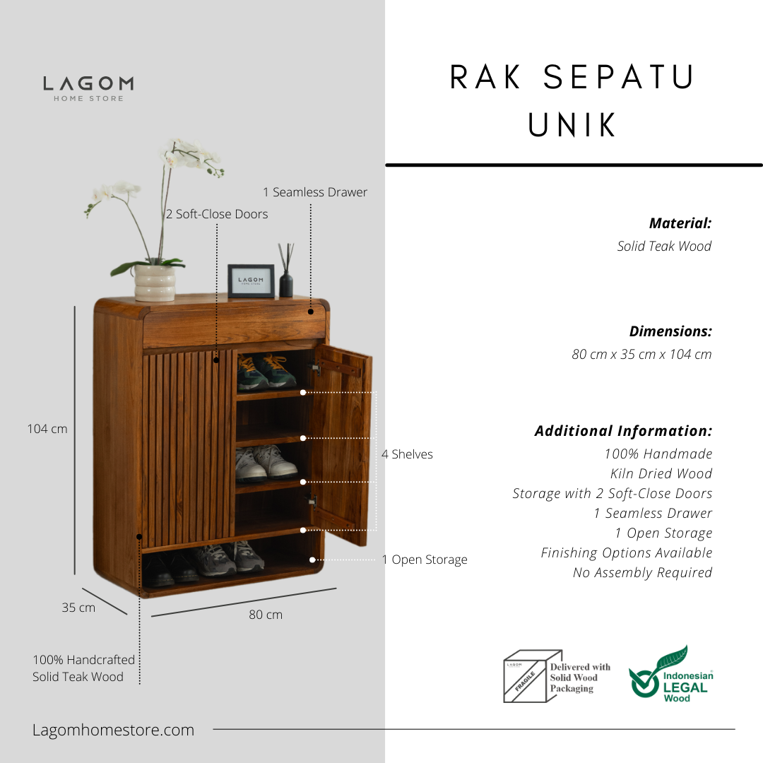 15-Pair Teak Shoe Cabinet with Soft-Close Doors Shoe Storage Lagom Home Store Jati Furnitur Teak Furniture Jakarta