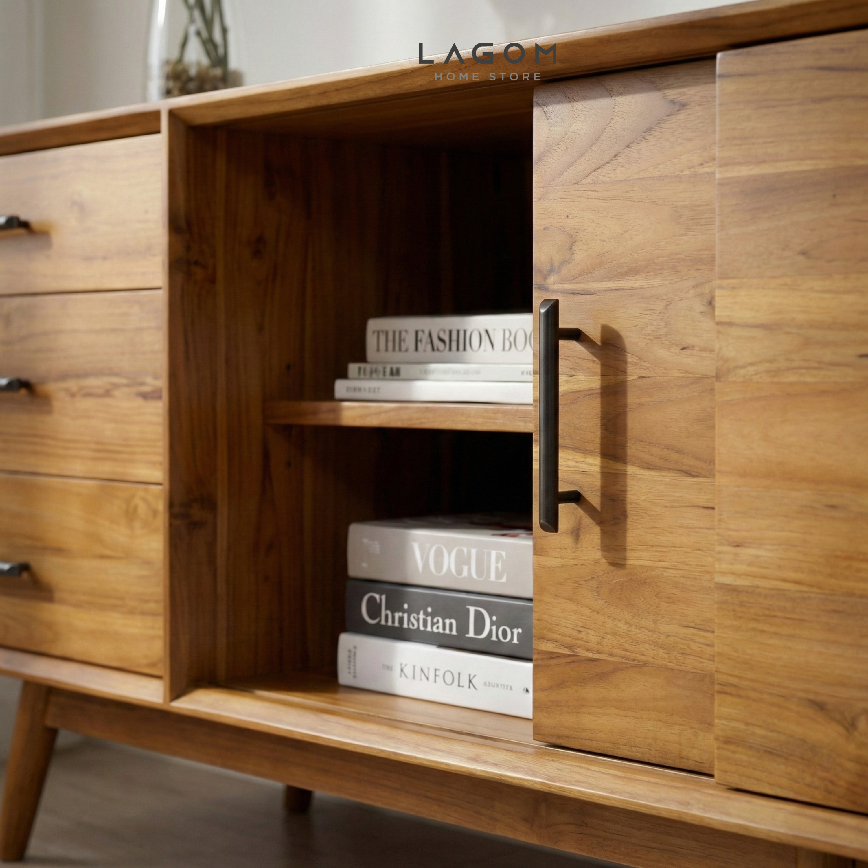 244 cm Teak Wood TV Cabinet with Drawers and Sliding Doors