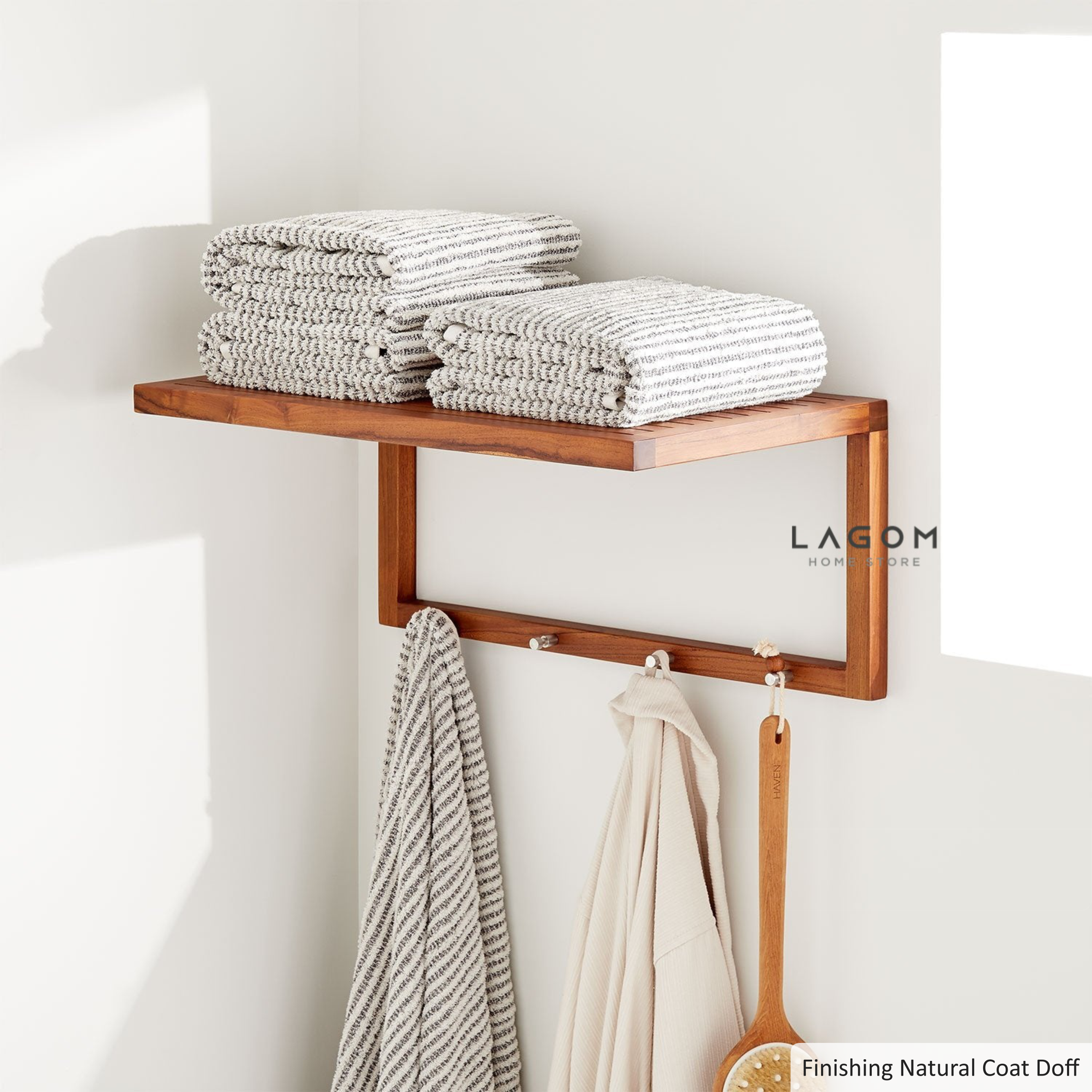 Teak Wall Towel Rack with Premium Aluminum Hooks
