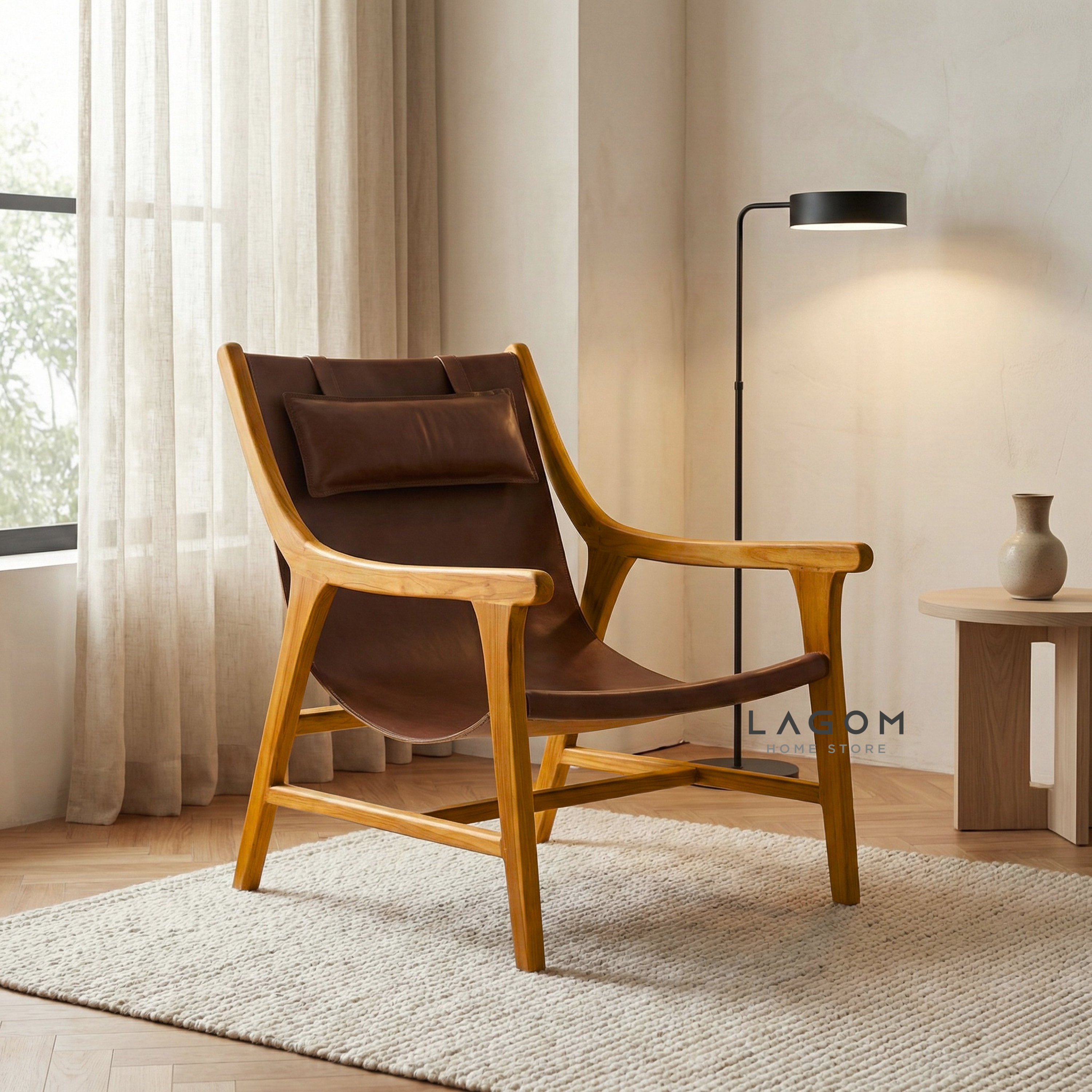 Teak Lounge Chair with Leather Sling Seat