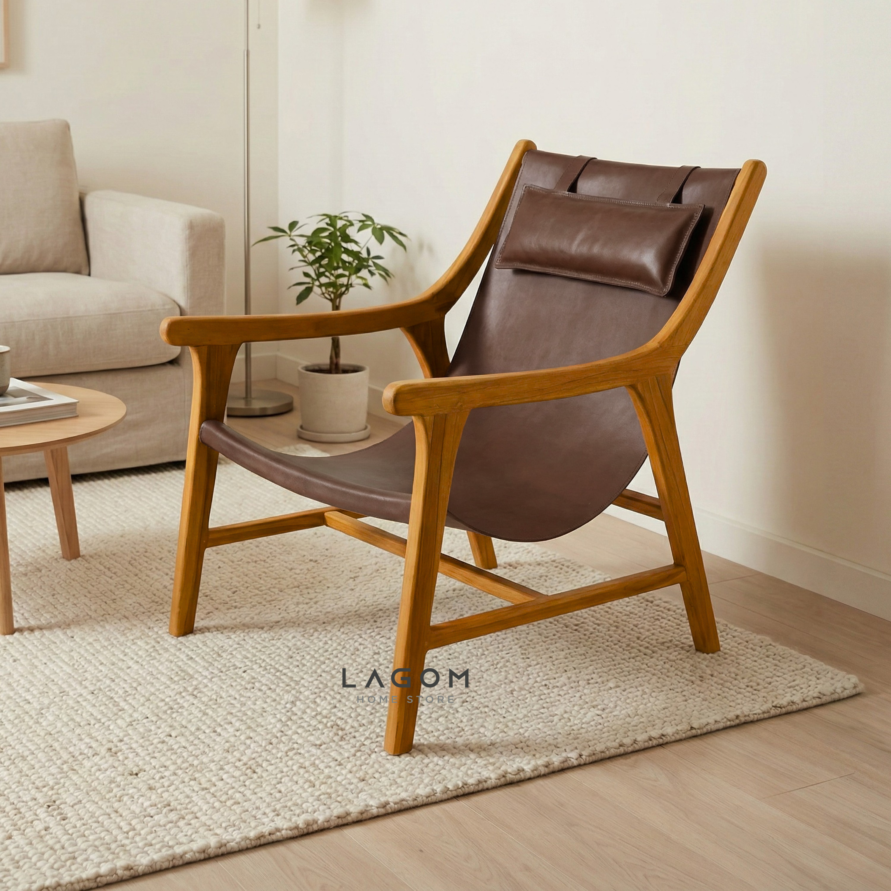 Teak Lounge Chair with Leather Sling Seat