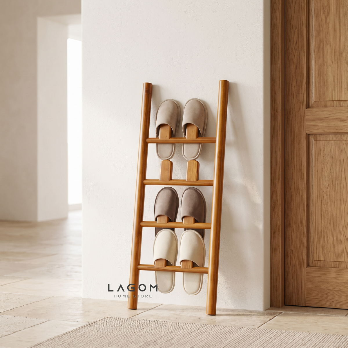 4-Pair Teak Sandal Rack - Leaning Style