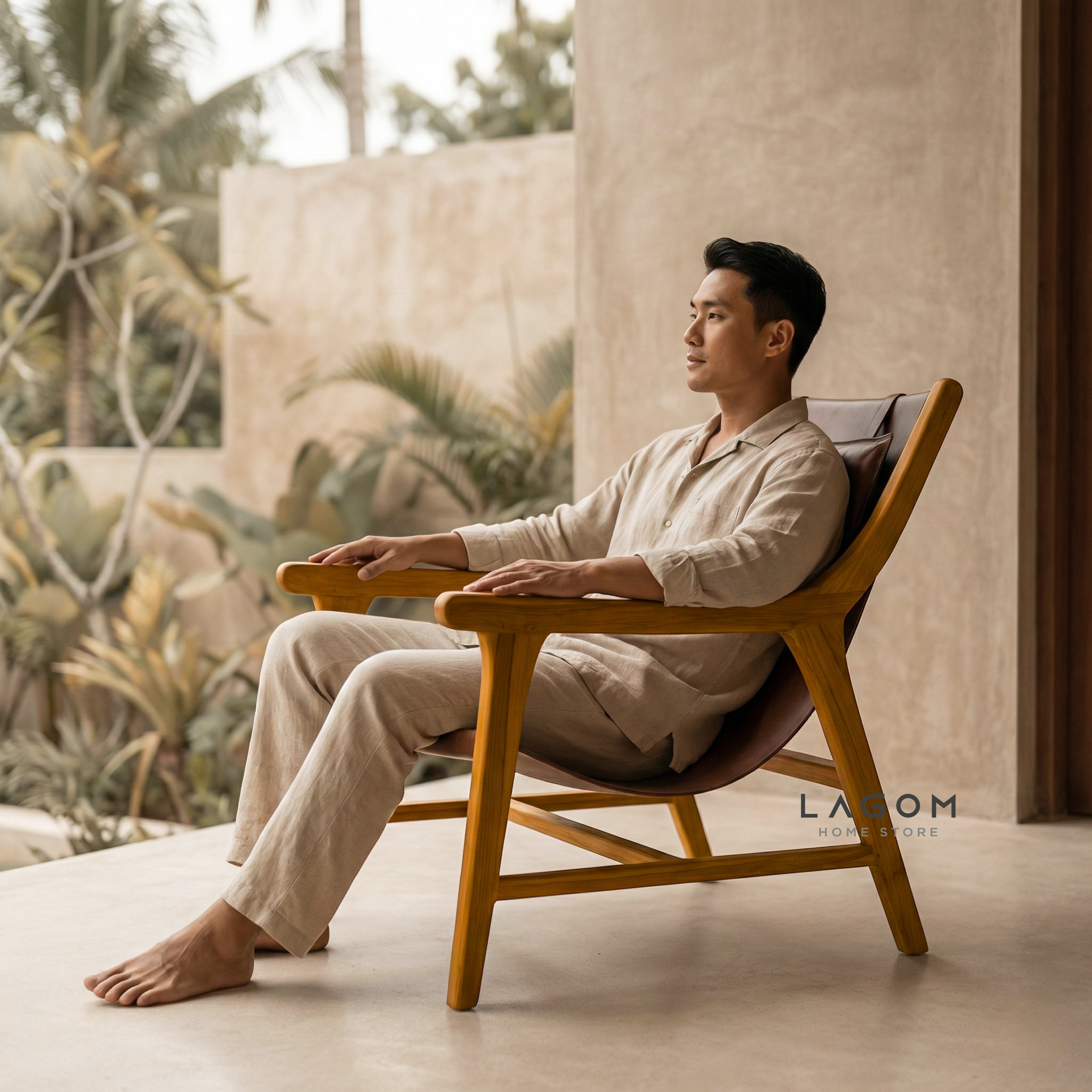 Teak Lounge Chair with Leather Sling Seat