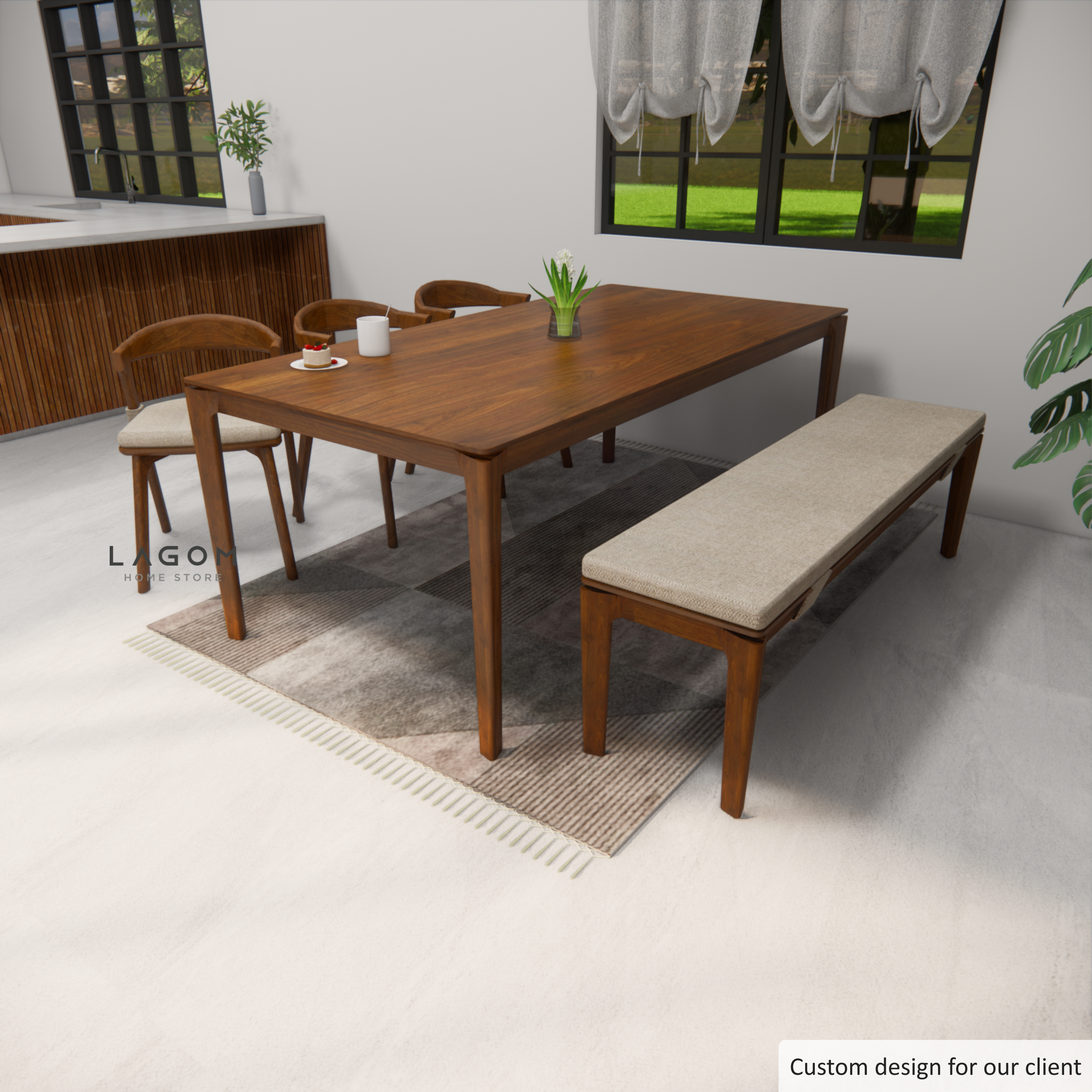 Custom-Made | Exclusive Teak Wood Dining Set with 3 Chairs and 1 Bench