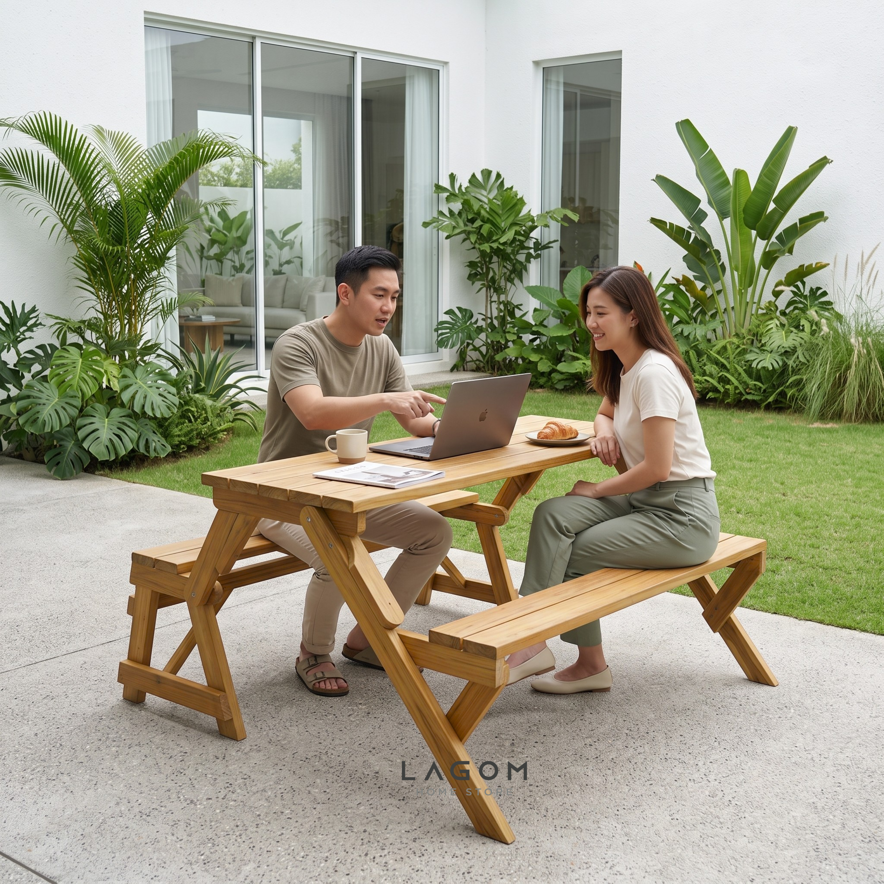 2-in-1 Reclaimed Teak Outdoor Bench & Table Set Outdoor Table Set Lagom Home Store Jati Furnitur Teak Furniture Jakarta