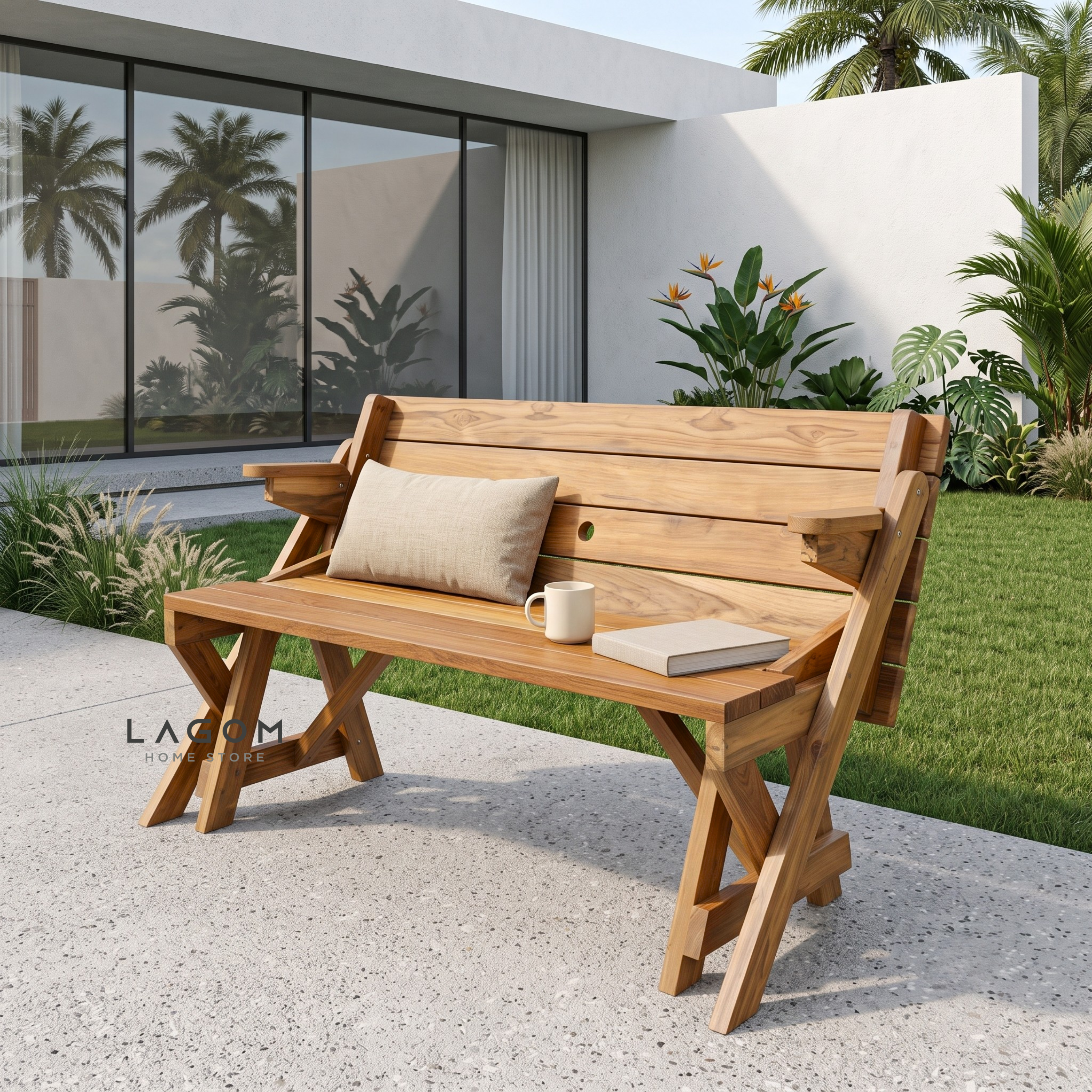 2-in-1 Reclaimed Teak Outdoor Bench & Table Set Outdoor Table Set Lagom Home Store Jati Furnitur Teak Furniture Jakarta