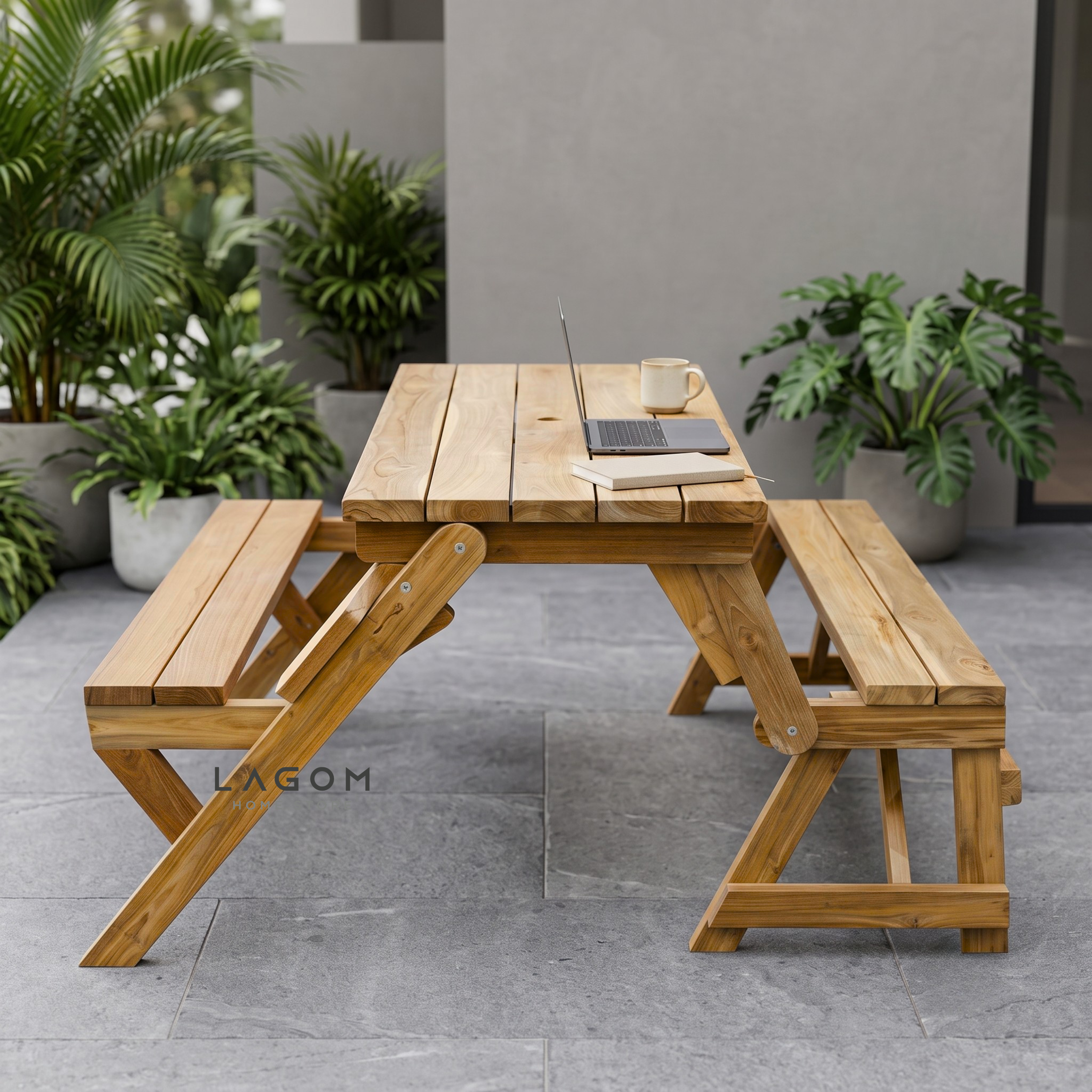 2-in-1 Reclaimed Teak Outdoor Bench & Table Set Outdoor Table Set Lagom Home Store Jati Furnitur Teak Furniture Jakarta