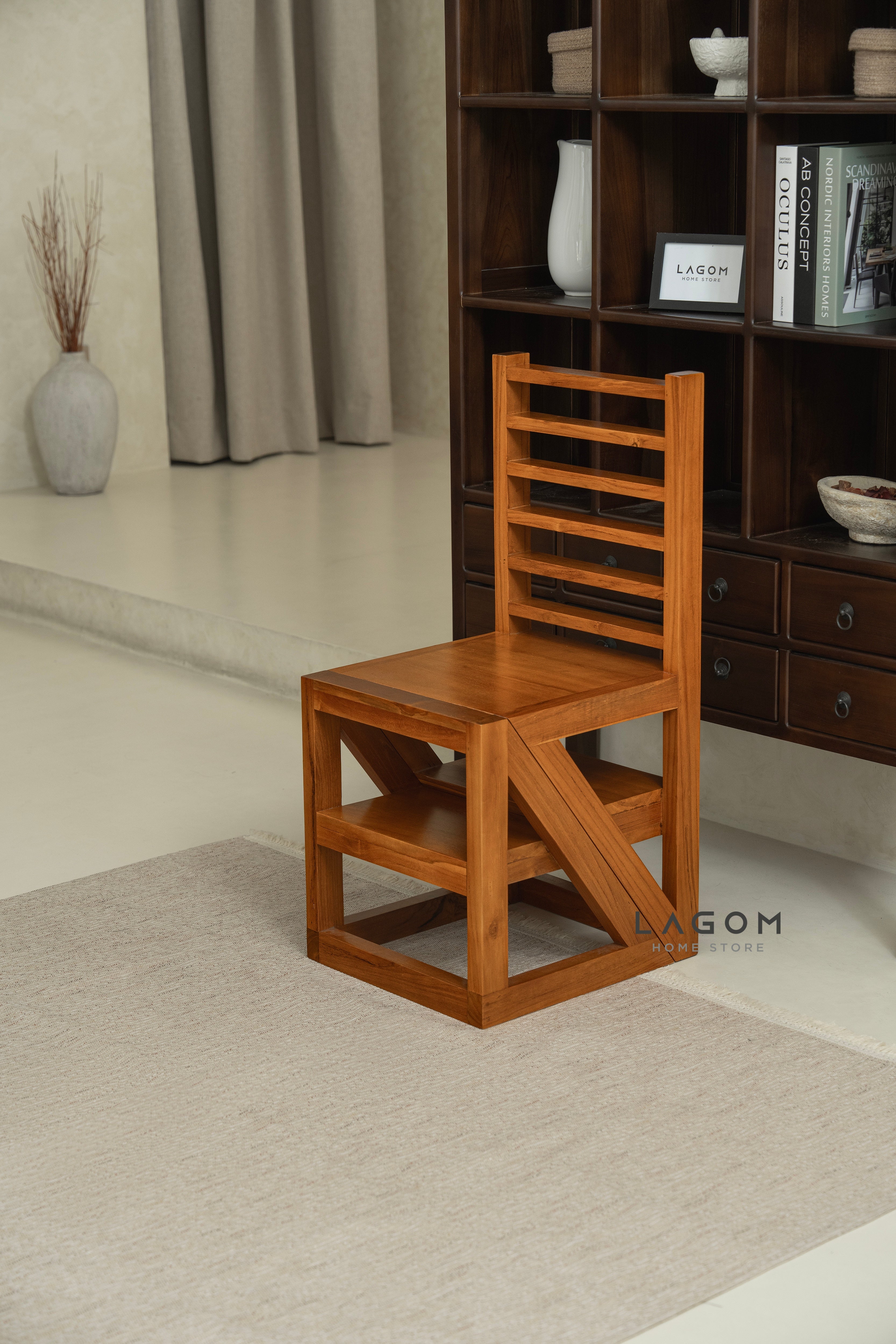 2-in-1 Teak Wood Step Stool & Chair - Smart & Sturdy Design Step Stool Lagom Home Store Jati Furnitur Teak Furniture Jakarta