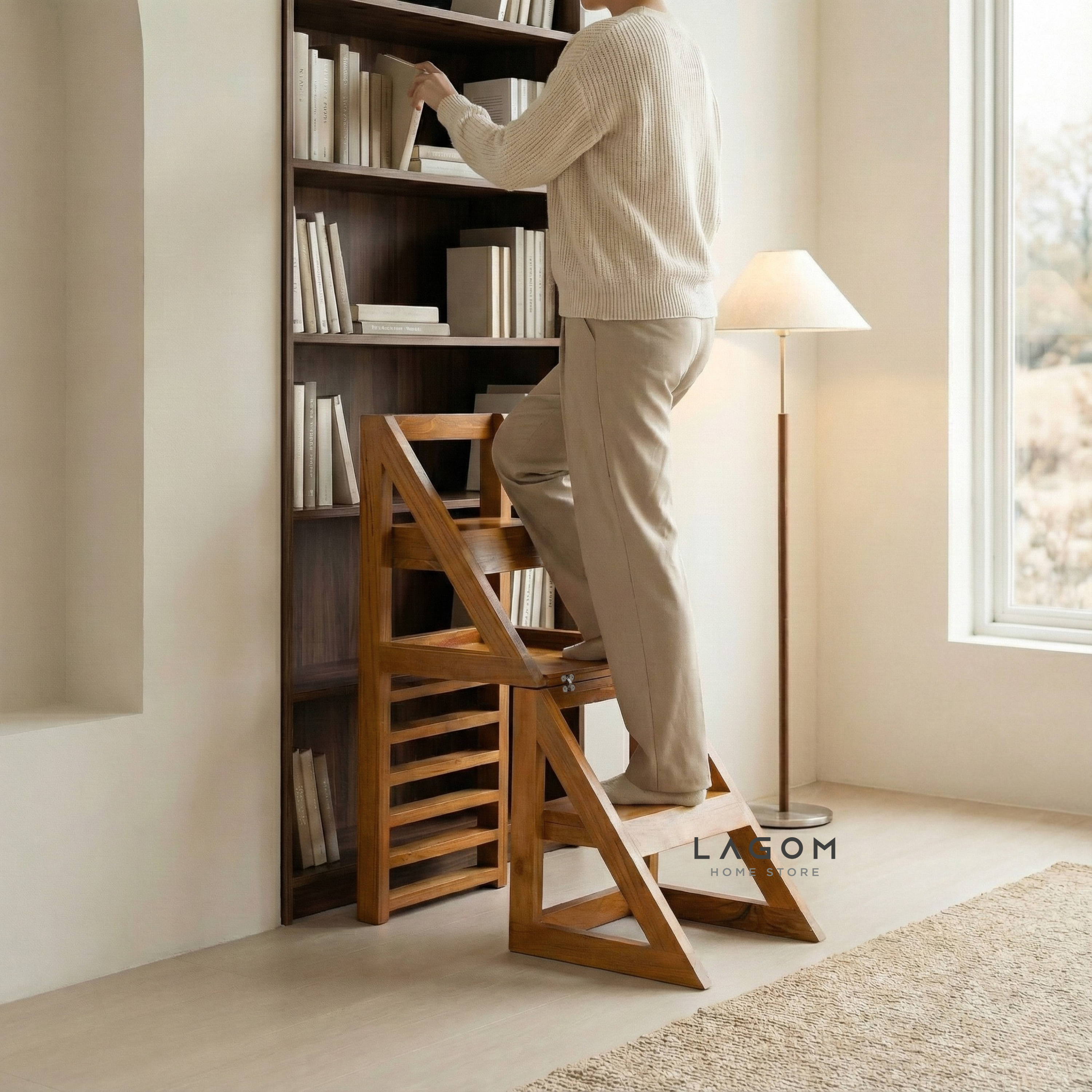 2-in-1 Teak Wood Step Stool & Chair - Smart & Sturdy Design Step Stool Lagom Home Store Jati Furnitur Teak Furniture Jakarta