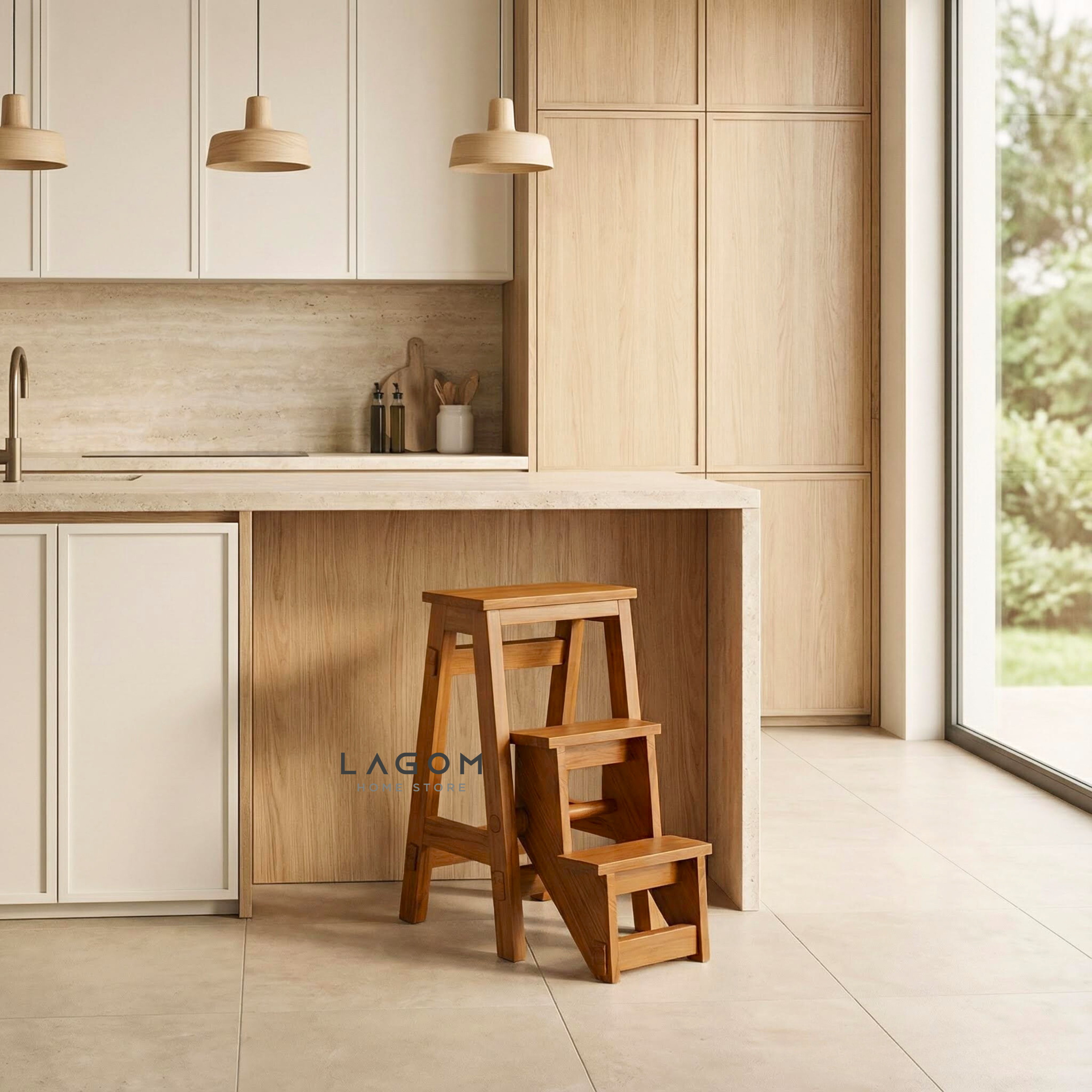 Teak Wood Convertible Step Stool & Bar Stool