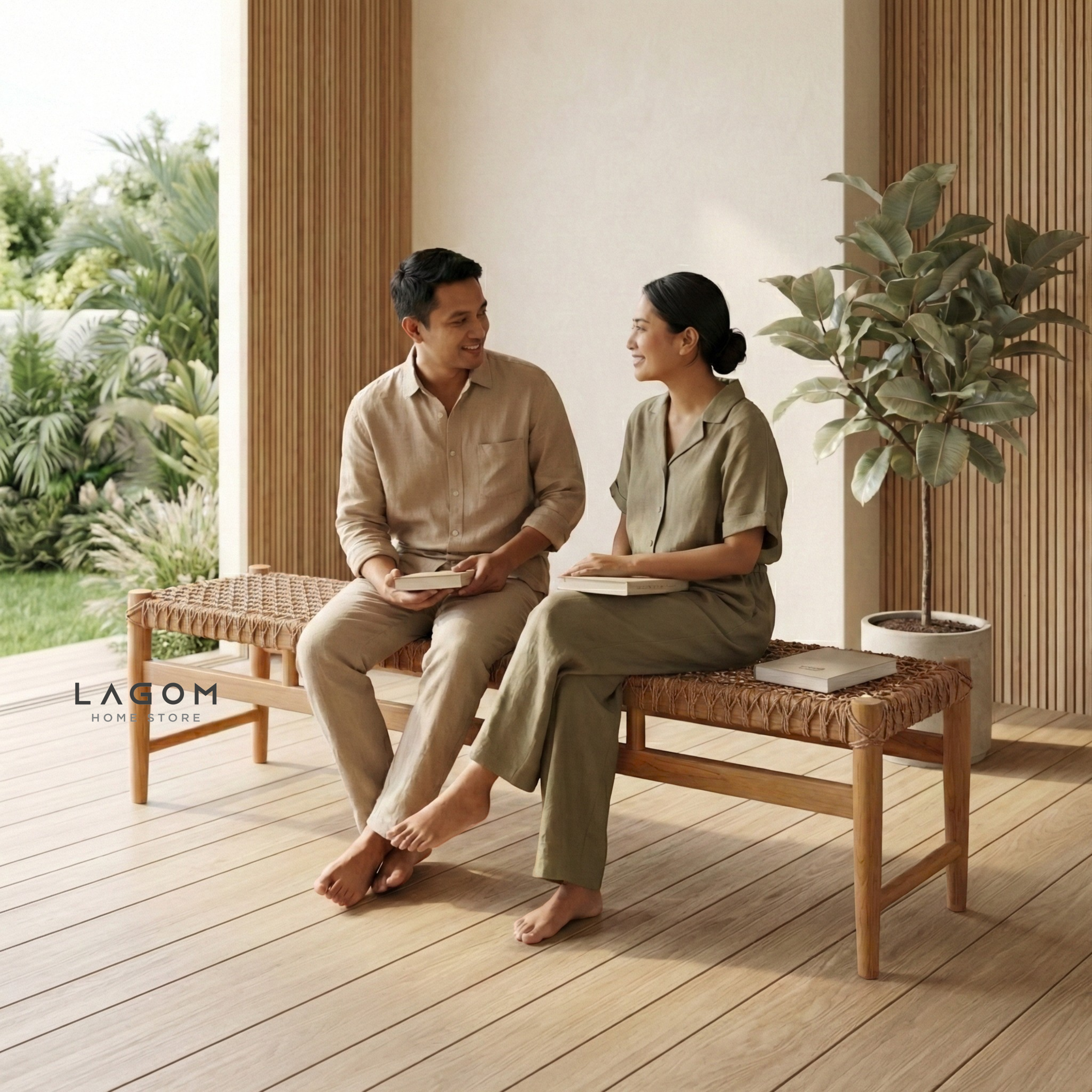 200 cm Solid Teak Bench with Handwoven Poly Hyacinth Bench Seat Lagom Home Store Jati Furnitur Teak Furniture Jakarta