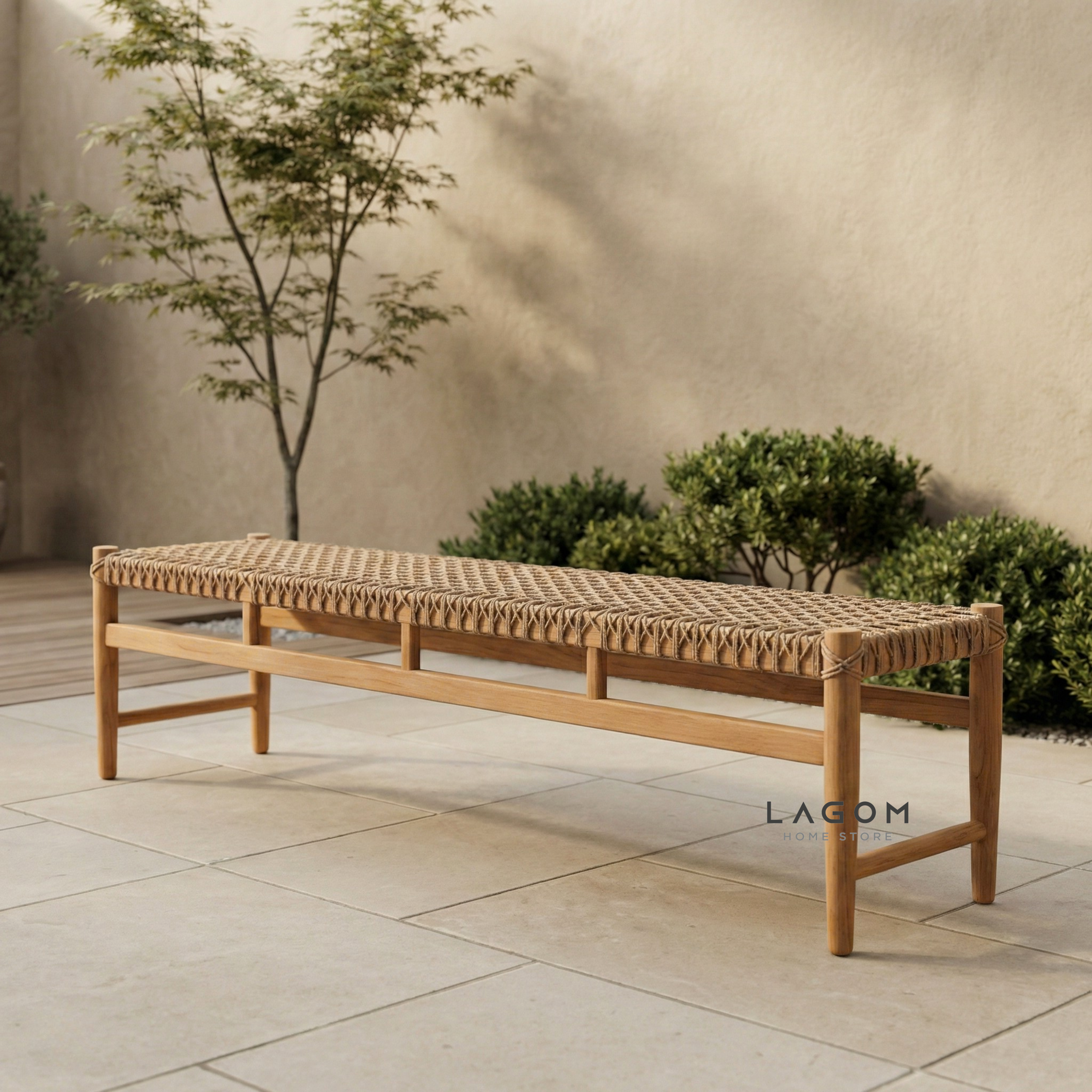 200 cm Solid Teak Bench with Handwoven Poly Hyacinth Bench Seat Lagom Home Store Jati Furnitur Teak Furniture Jakarta