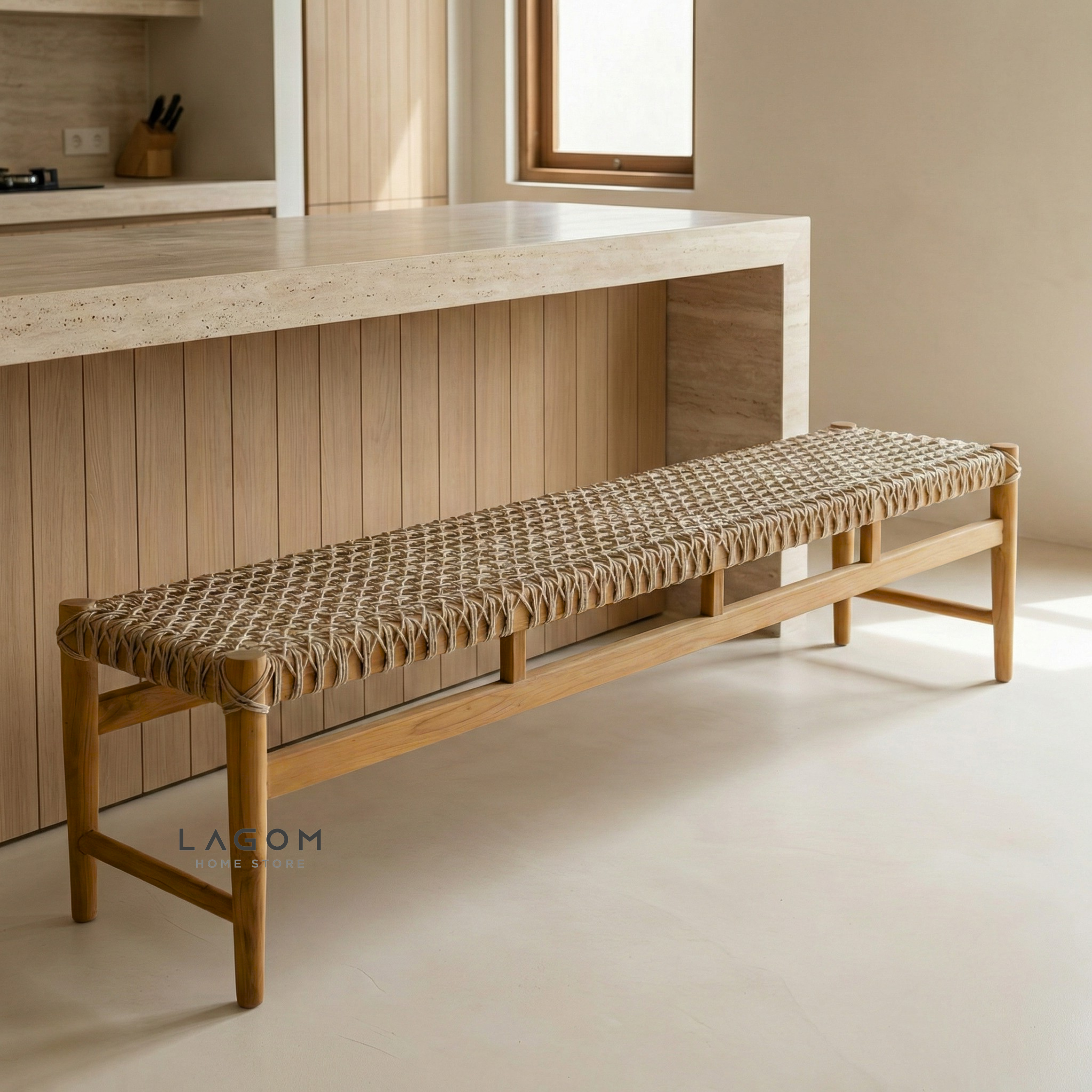 200 cm Solid Teak Bench with Handwoven Poly Hyacinth Bench Seat Lagom Home Store Jati Furnitur Teak Furniture Jakarta