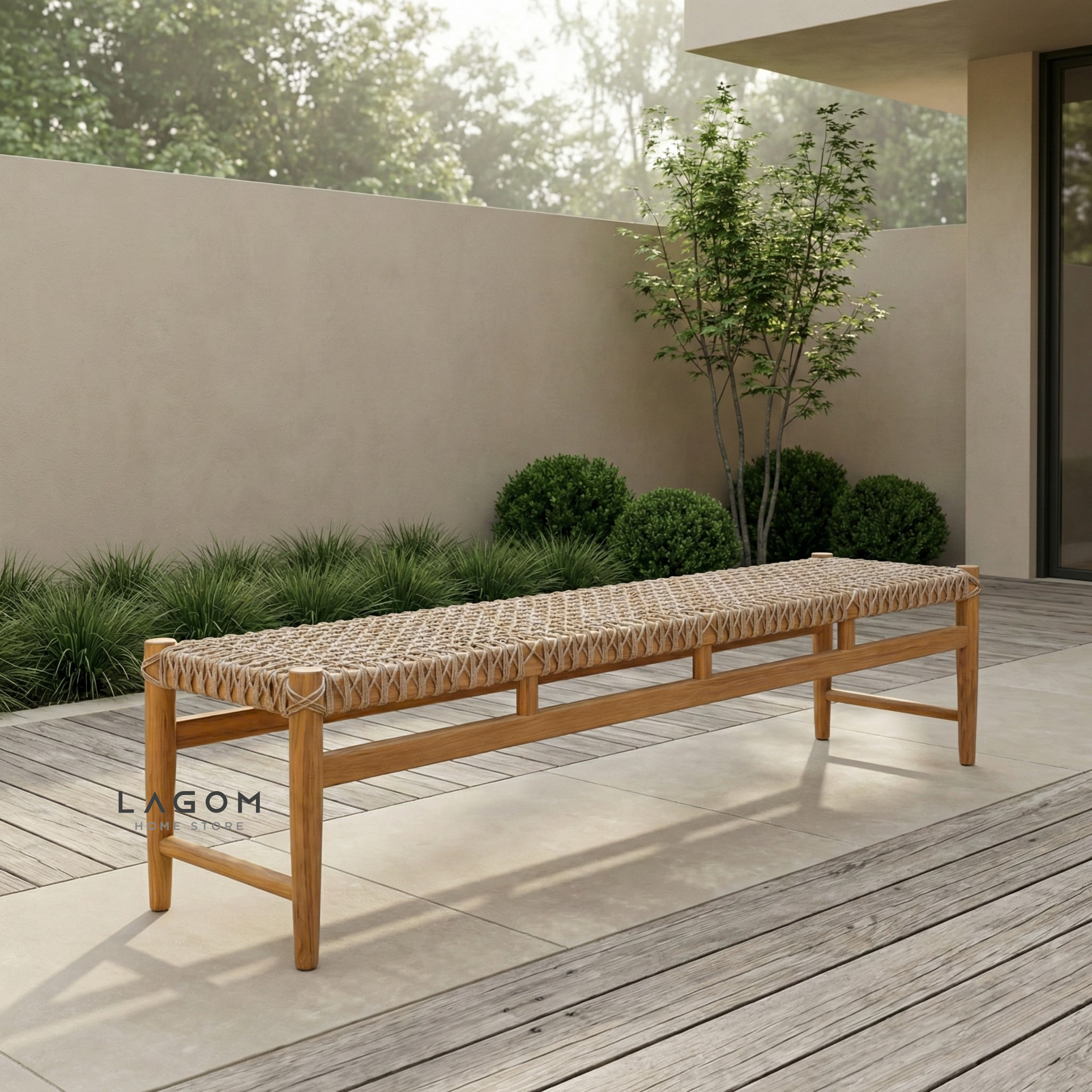 200 cm Solid Teak Bench with Handwoven Poly Hyacinth Bench Seat Lagom Home Store Jati Furnitur Teak Furniture Jakarta