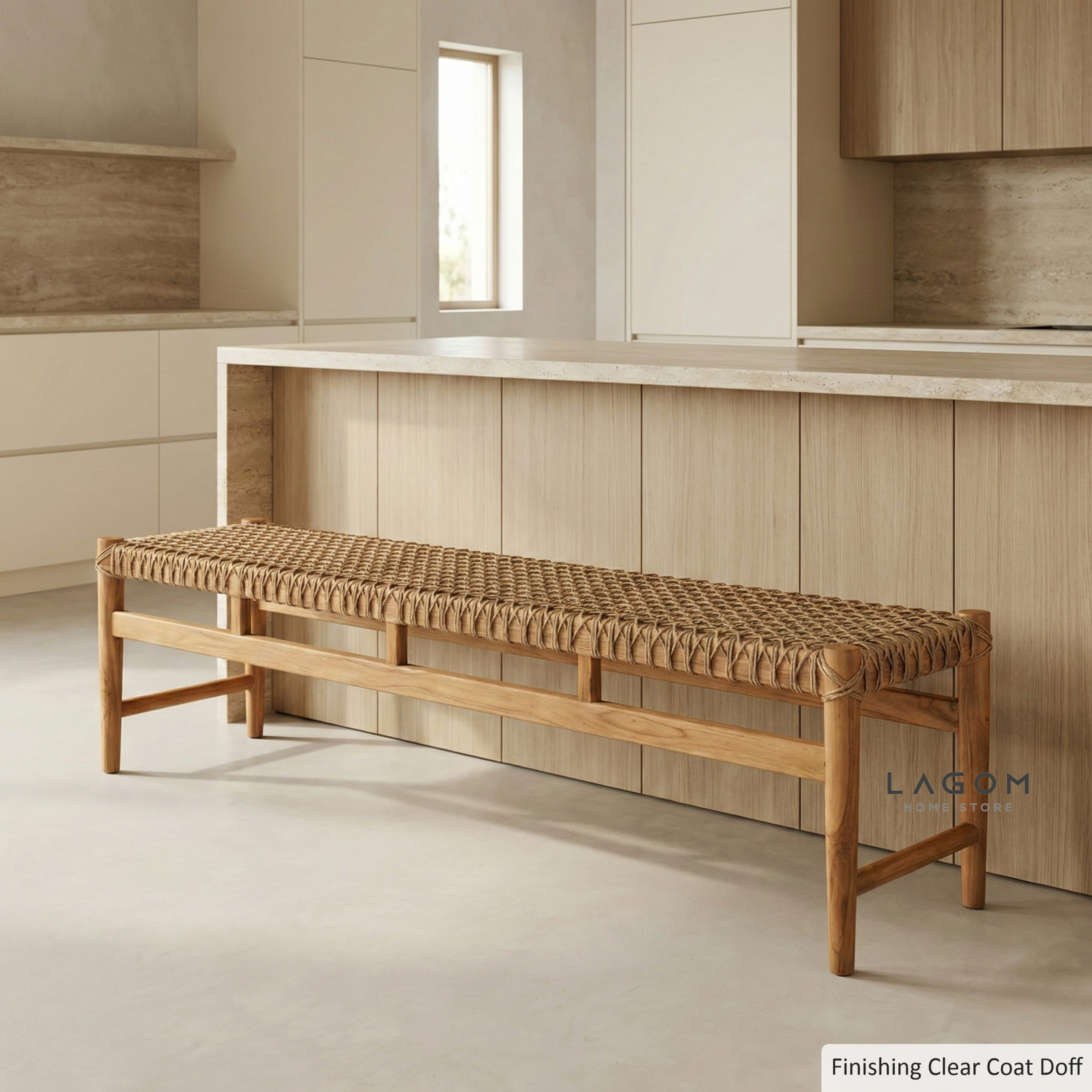 200 cm Solid Teak Bench with Handwoven Poly Hyacinth Bench Seat Lagom Home Store Jati Furnitur Teak Furniture Jakarta