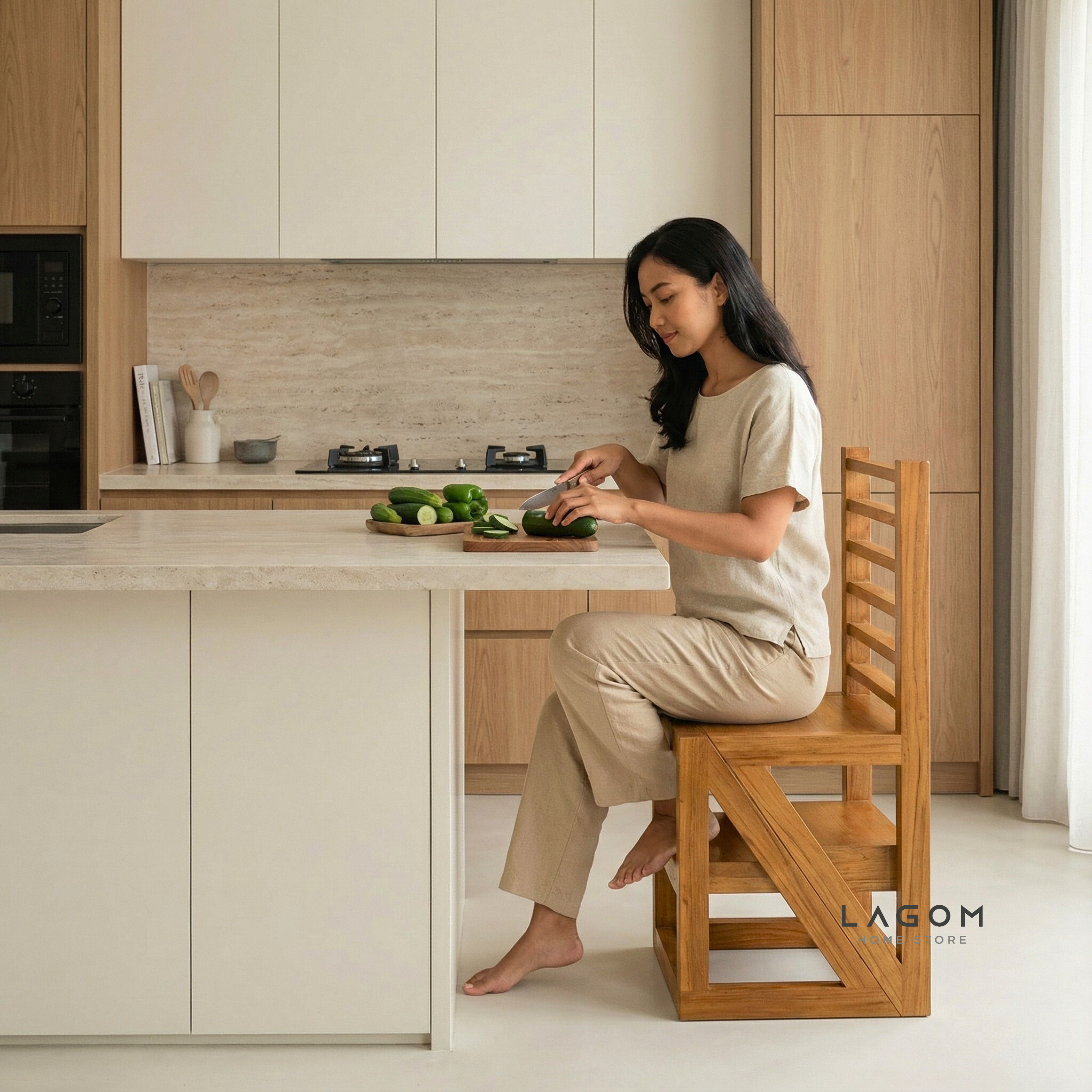 2-in-1 Teak Wood Step Stool & Chair - Smart & Sturdy Design