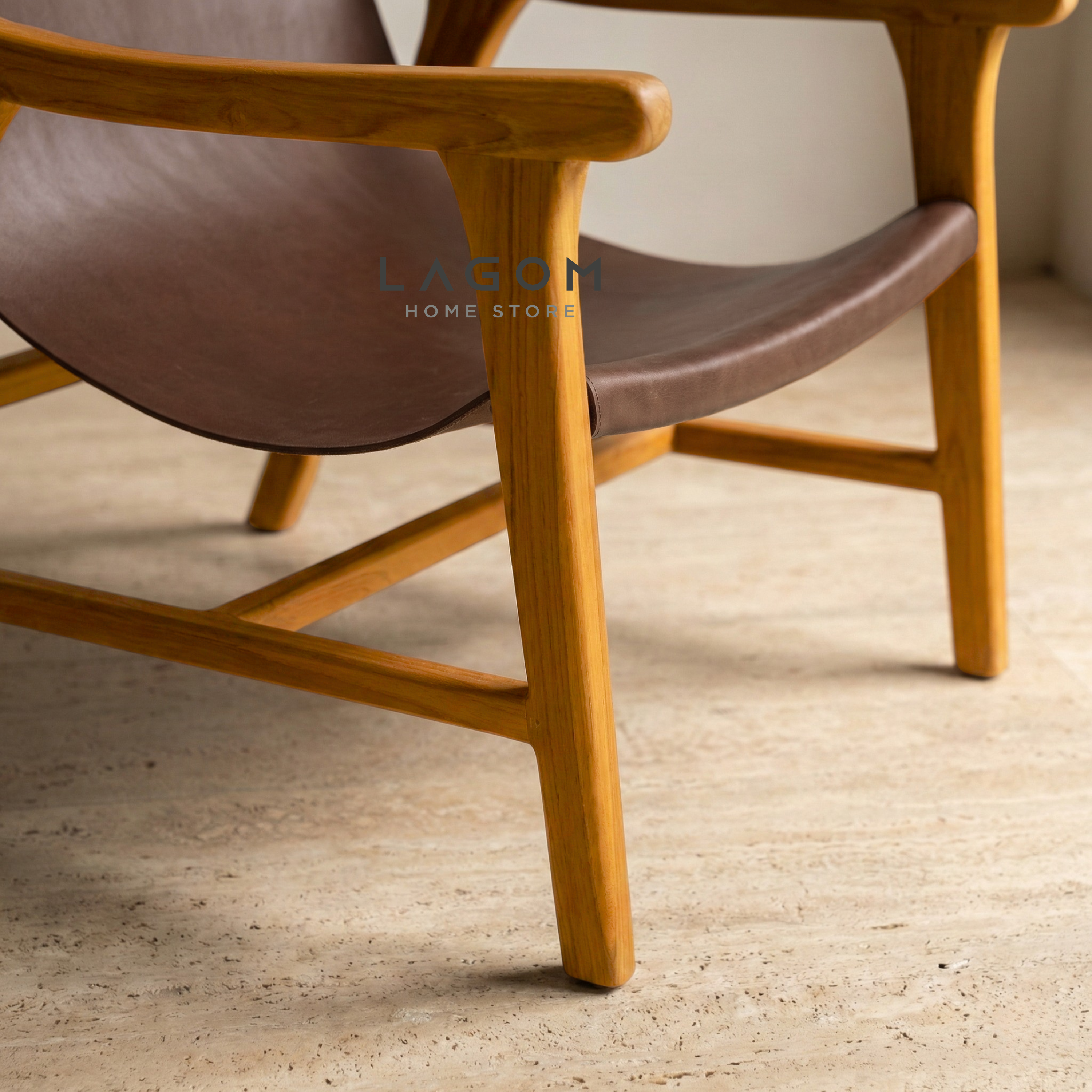 Teak Lounge Chair with Leather Sling Seat