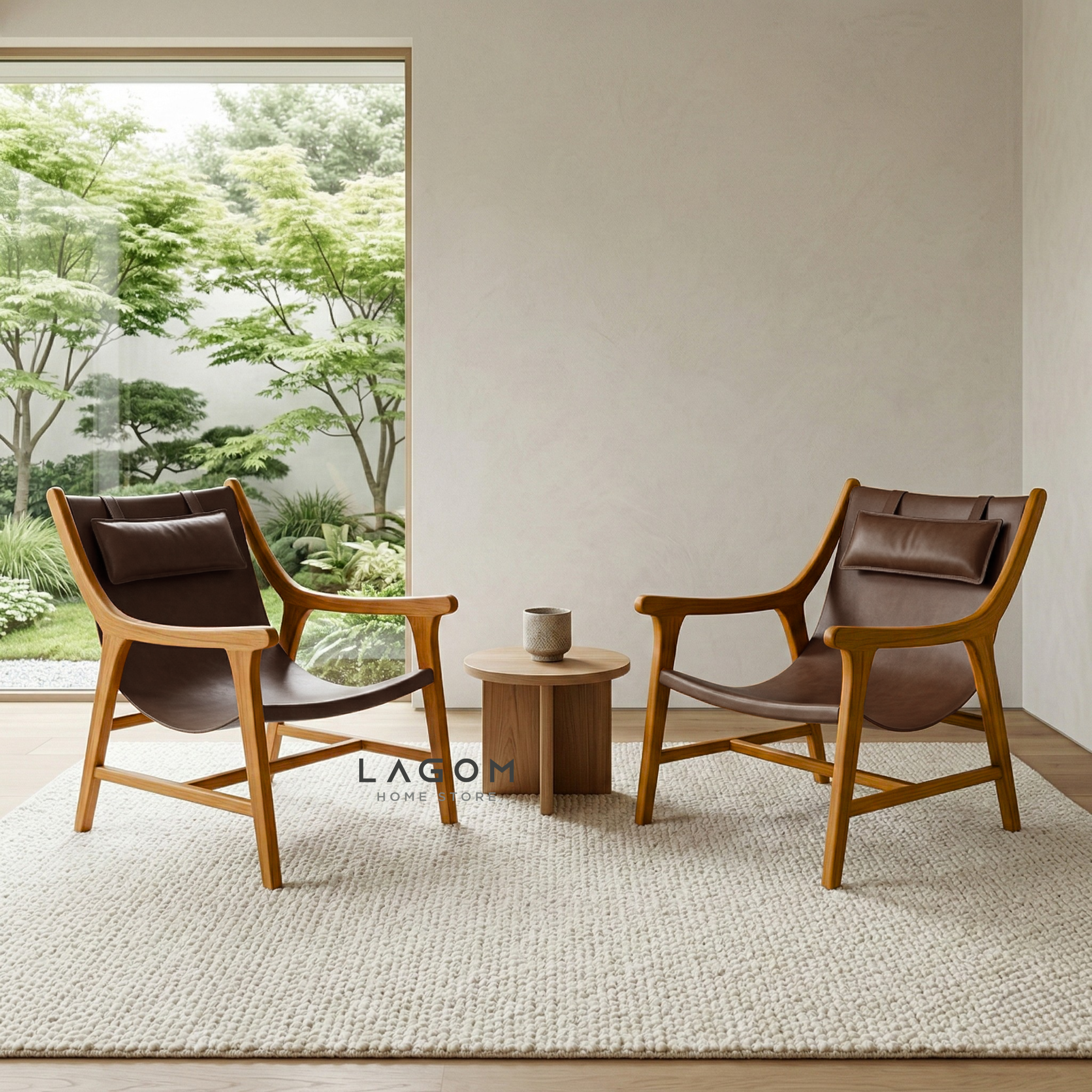 Teak Lounge Chair with Leather Sling Seat