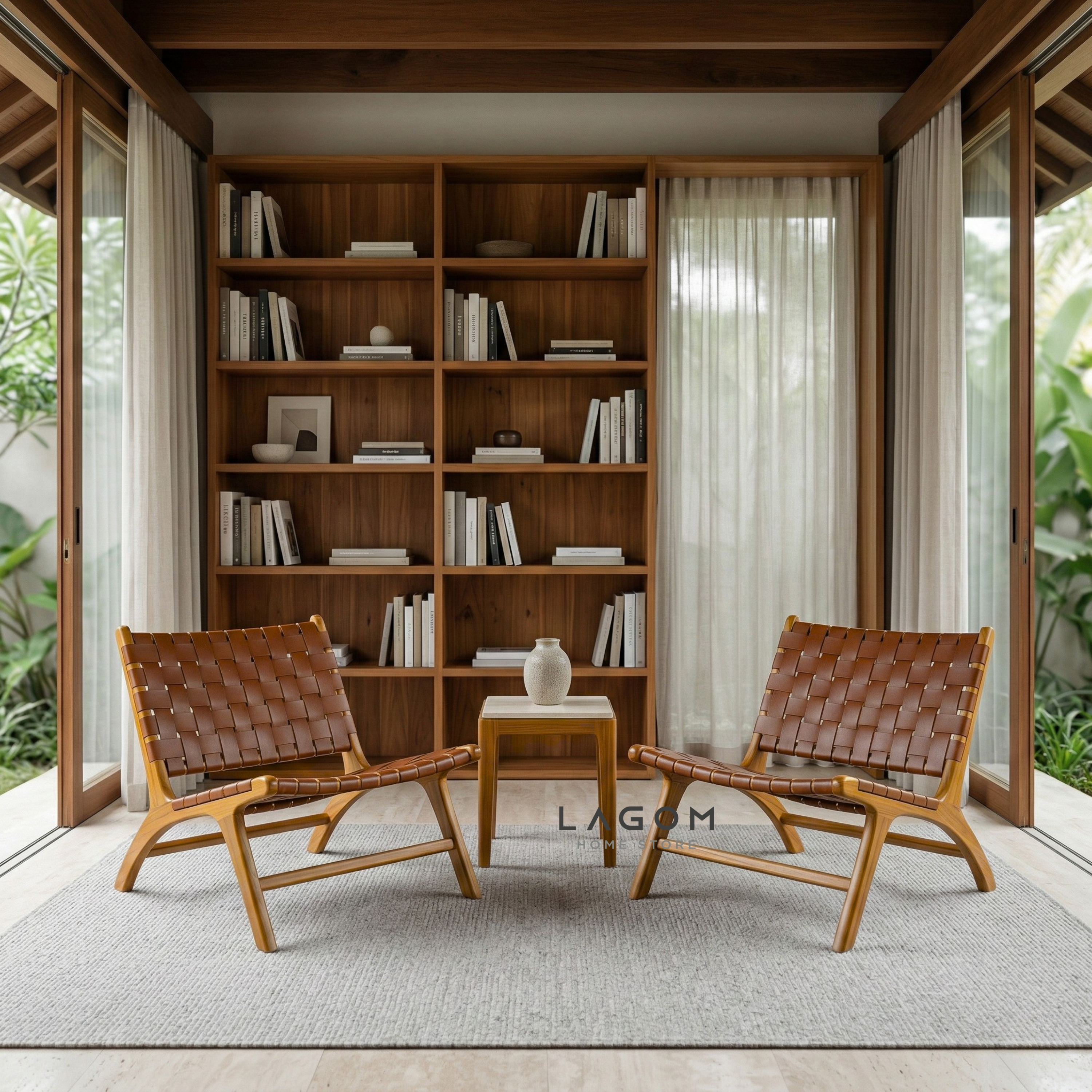 Solid Teak Lounge Chair with Handwoven Leather