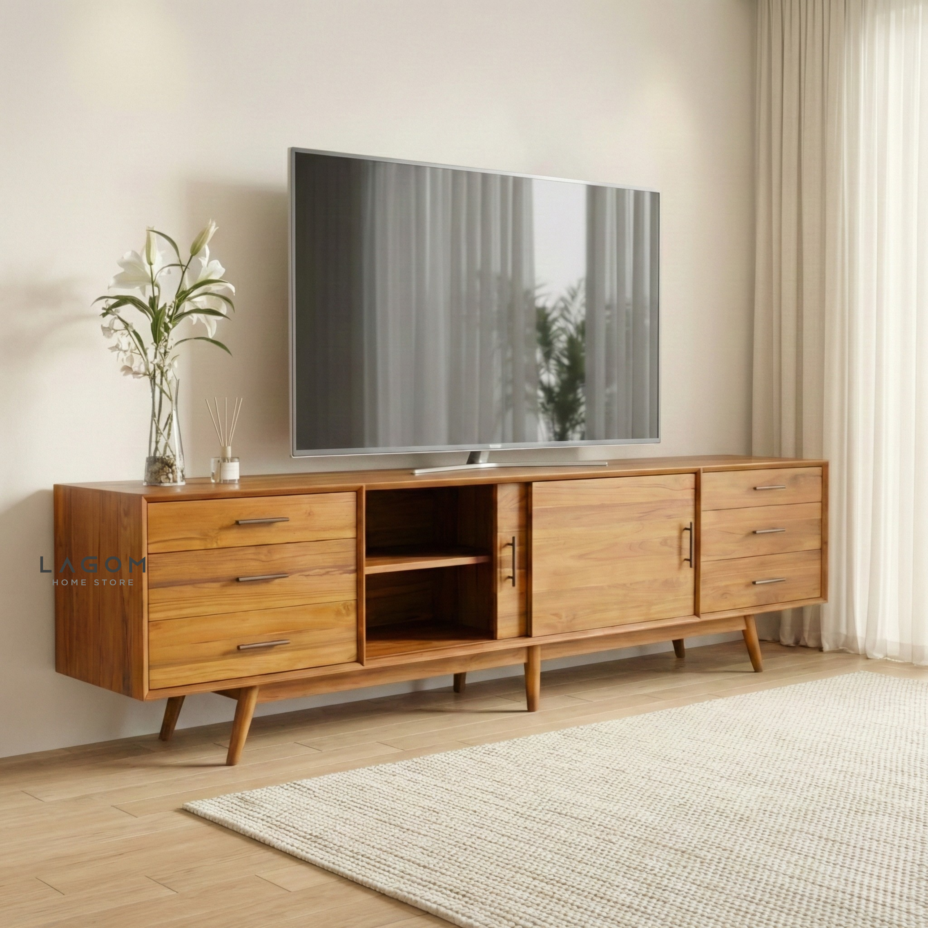 244 cm Teak Wood TV Cabinet with Drawers and Sliding Doors TV Cabinet Lagom Home Store Jati Furnitur Teak Furniture Jakarta