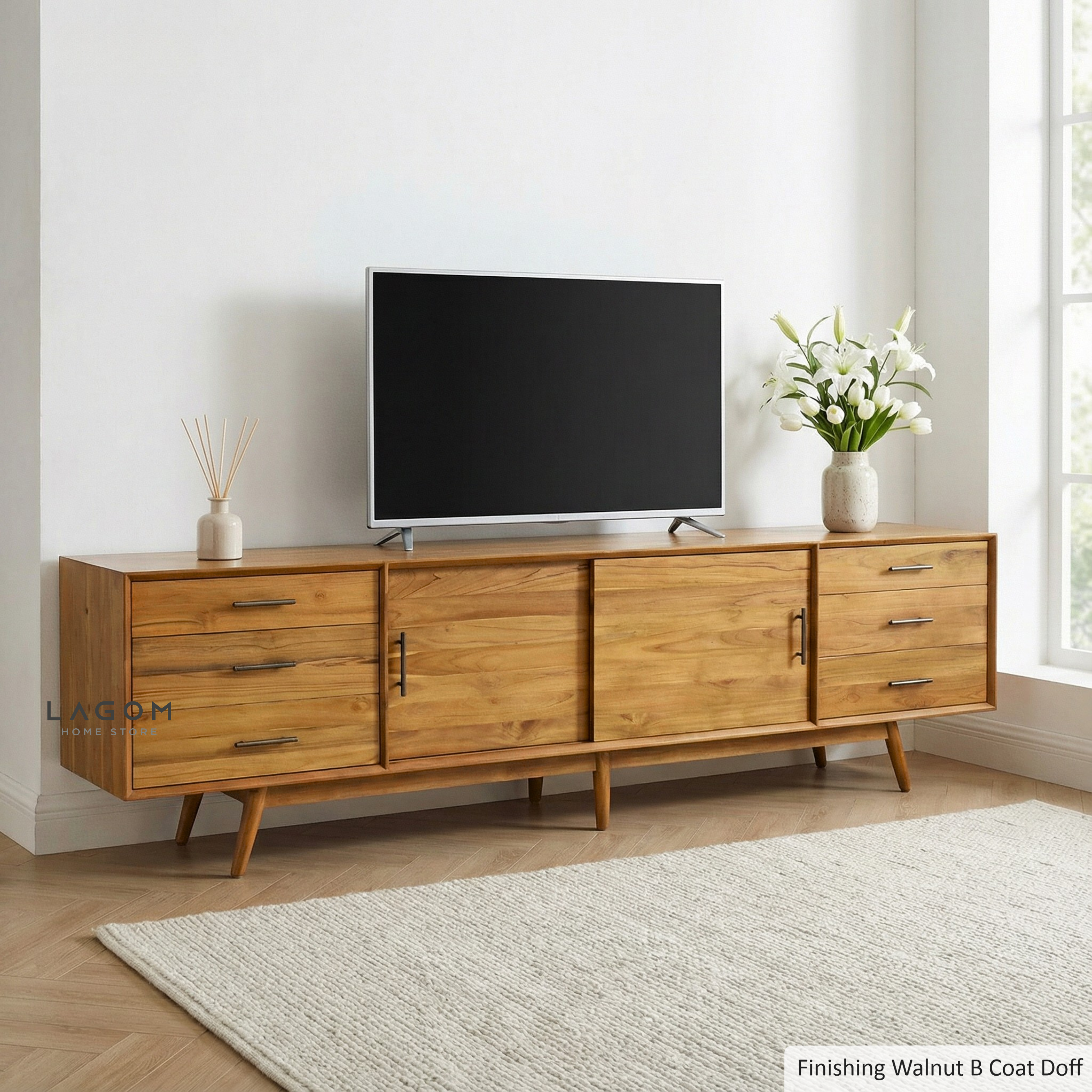 244 cm Teak Wood TV Cabinet with Drawers and Sliding Doors TV Cabinet Lagom Home Store Jati Furnitur Teak Furniture Jakarta