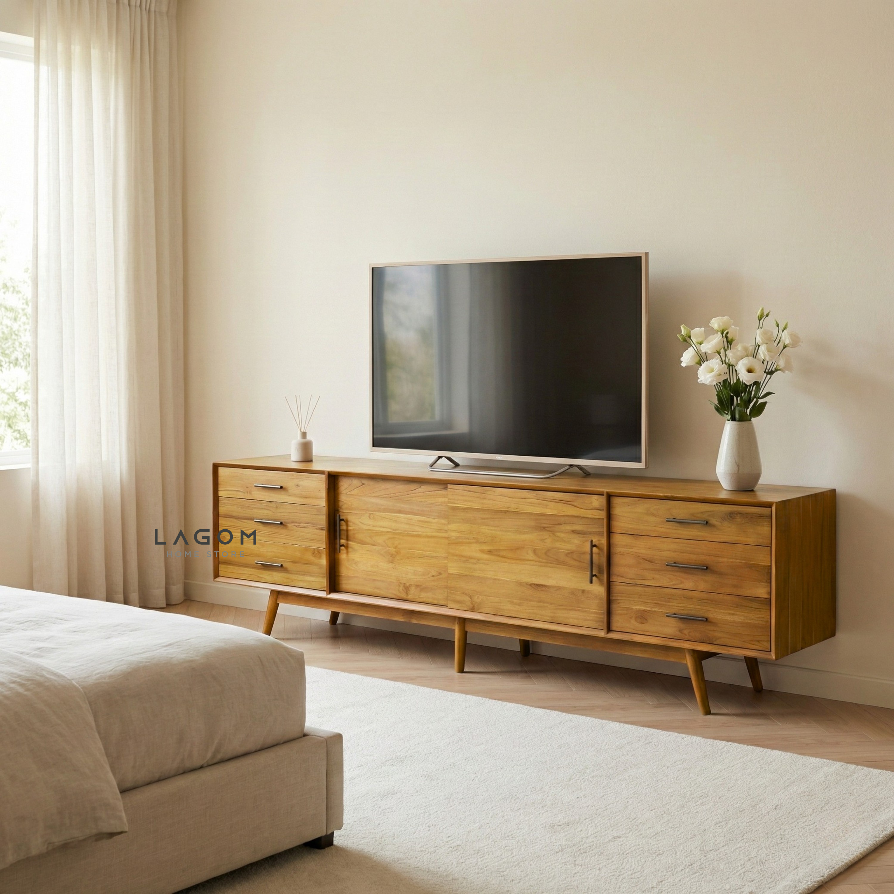 244 cm Teak Wood TV Cabinet with Drawers and Sliding Doors TV Cabinet Lagom Home Store Jati Furnitur Teak Furniture Jakarta