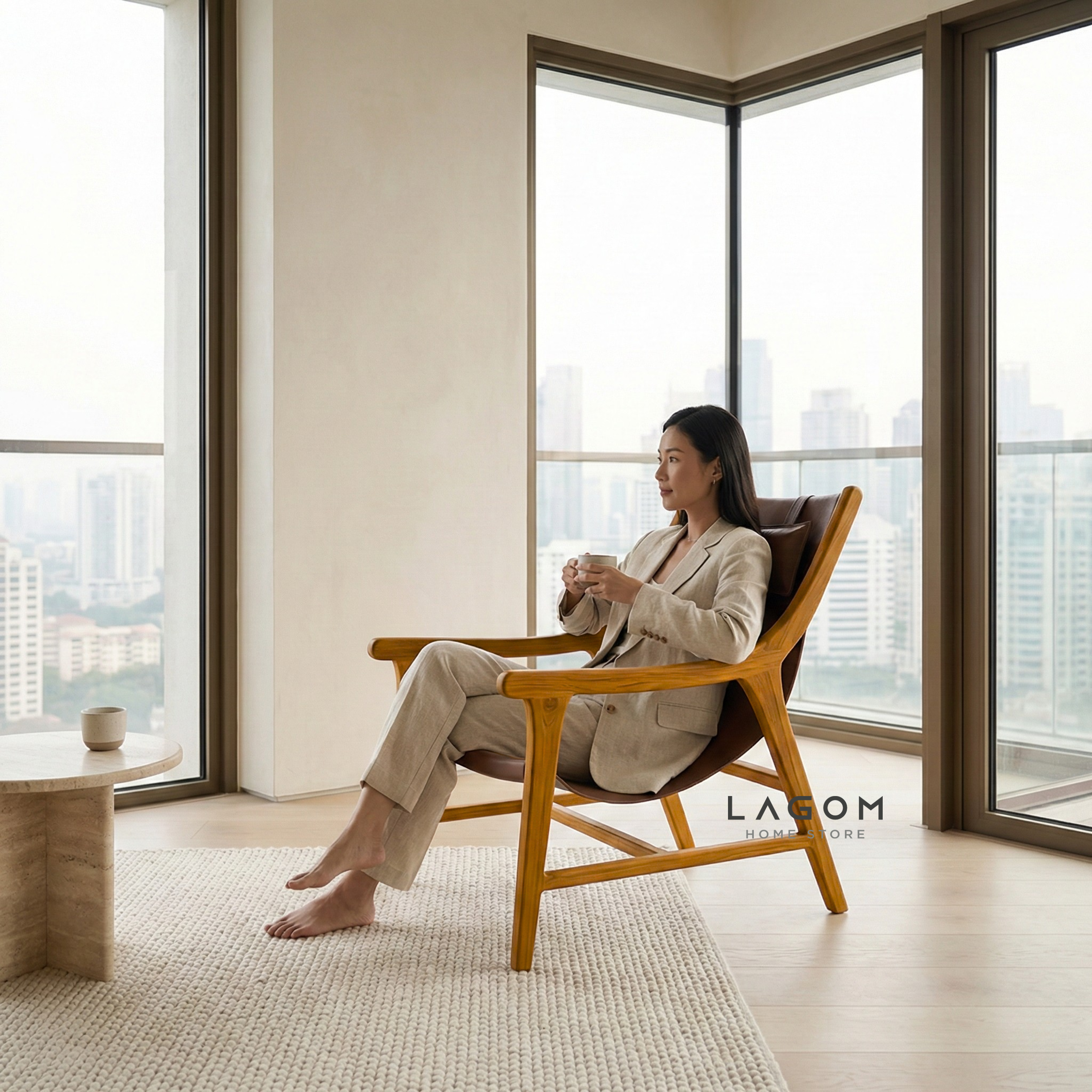 Teak Lounge Chair with Leather Sling Seat