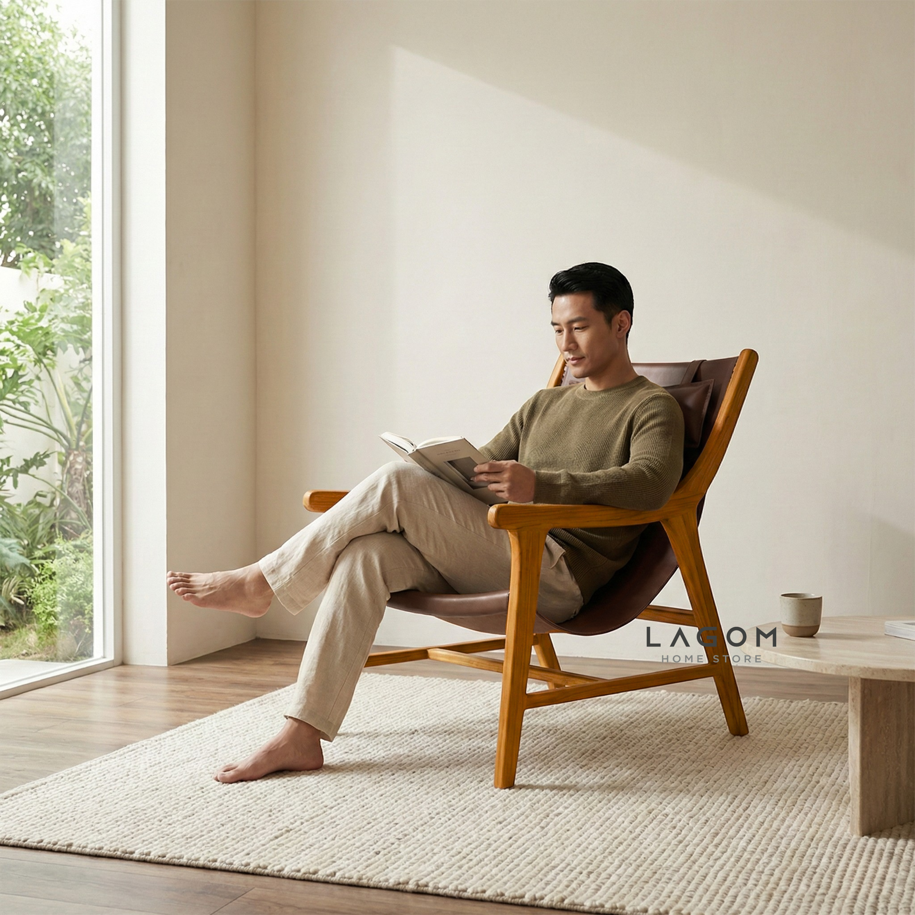 Teak Lounge Chair with Leather Sling Seat