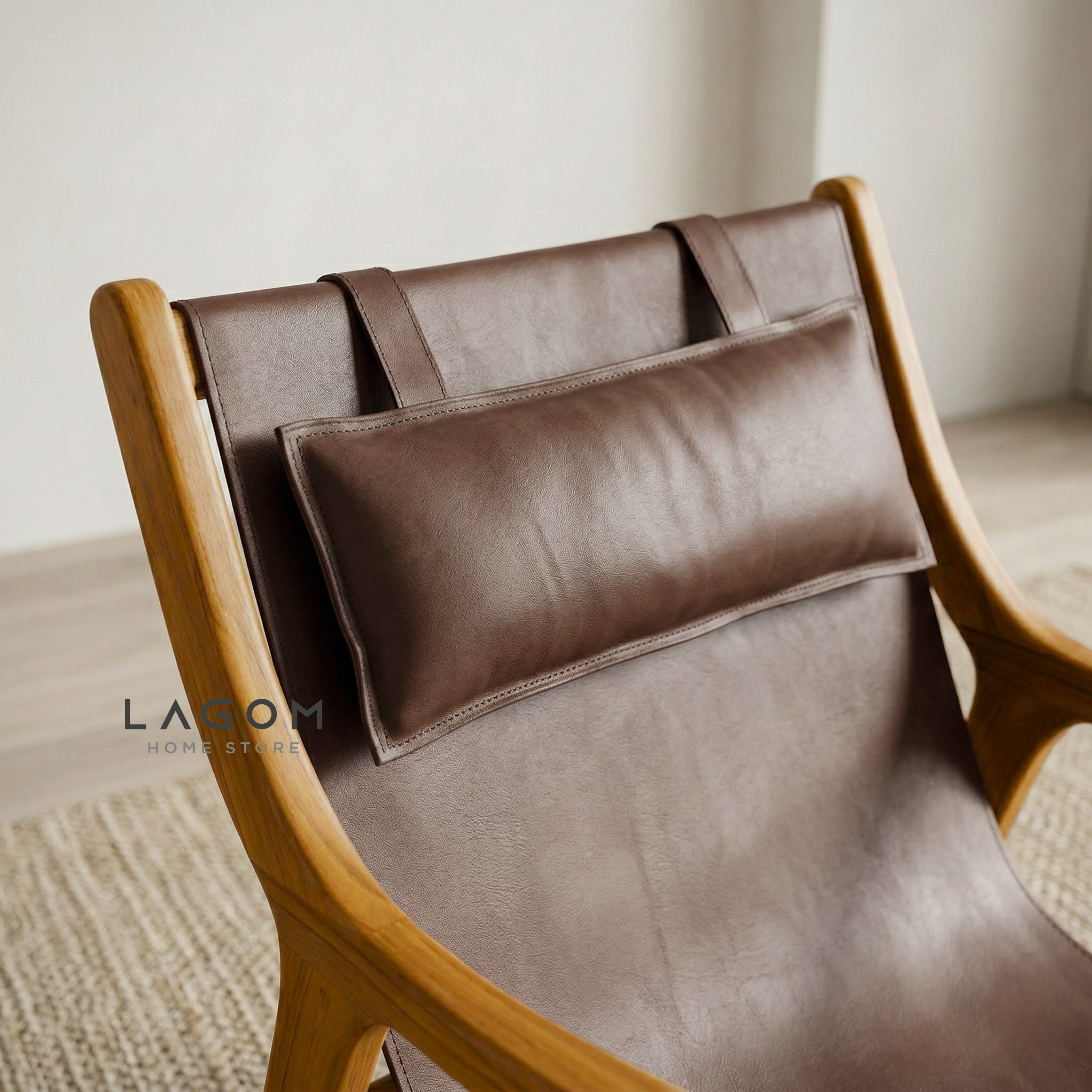 Teak Lounge Chair with Leather Sling Seat