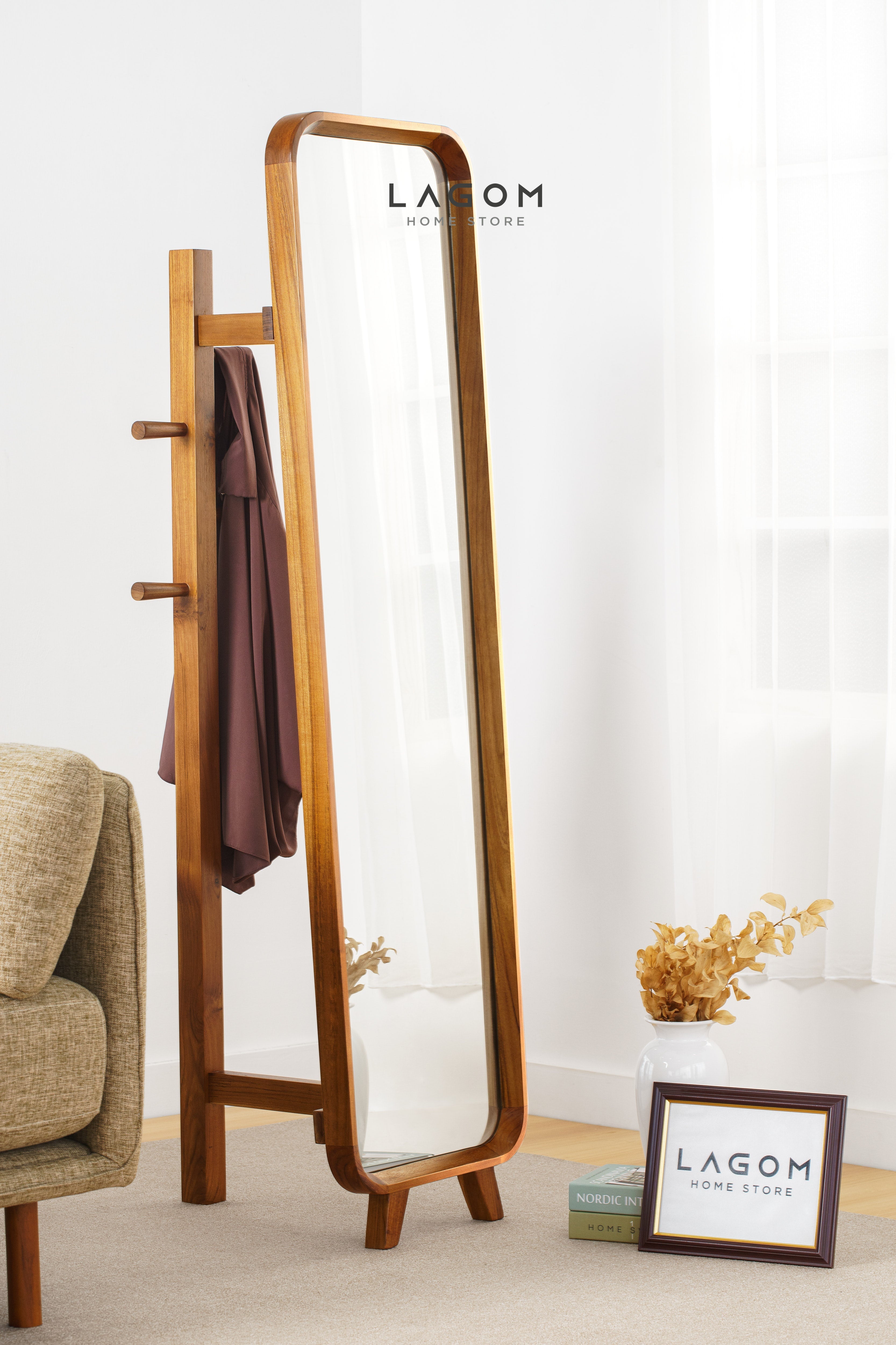3 in 1 Cermin dan Gantungan Baju Kayu Jati - Tinggi 168 cm Mirror Lagom Home Store Jati Furnitur Teak Furniture Jakarta