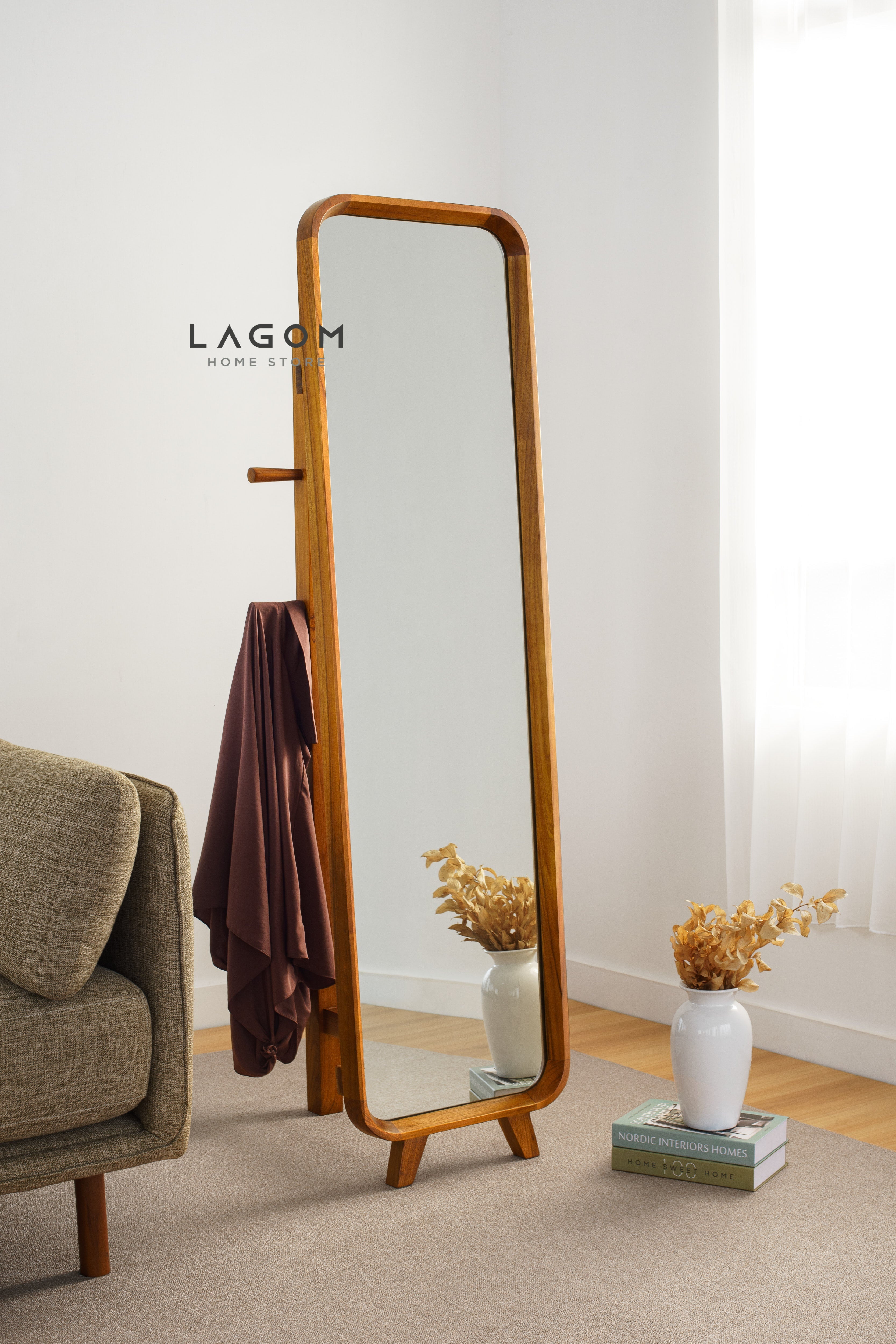 3 in 1 Cermin dan Gantungan Baju Kayu Jati - Tinggi 168 cm Mirror Lagom Home Store Jati Furnitur Teak Furniture Jakarta