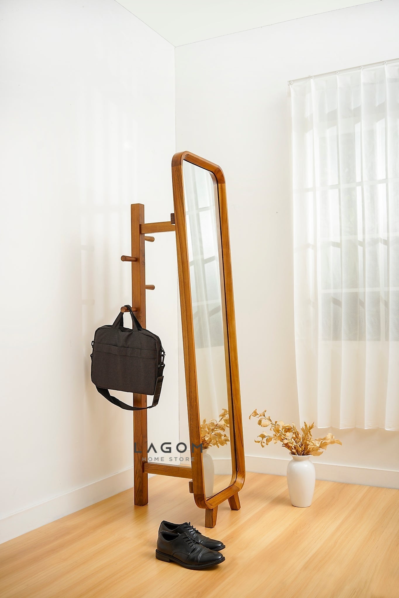 3 in 1 Cermin dan Gantungan Baju Kayu Jati - Tinggi 168 cm Mirror Lagom Home Store Jati Furnitur Teak Furniture Jakarta