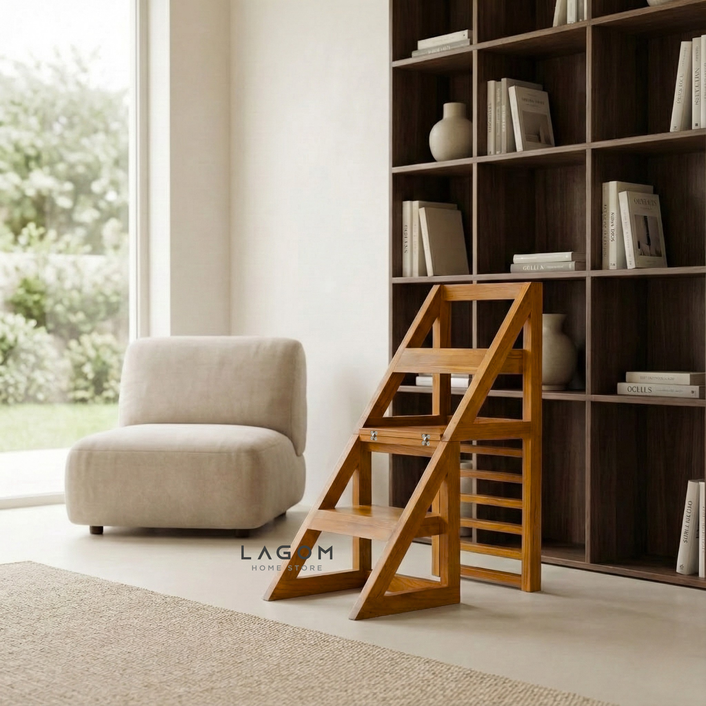 2-in-1 Teak Wood Step Stool & Chair - Smart & Sturdy Design