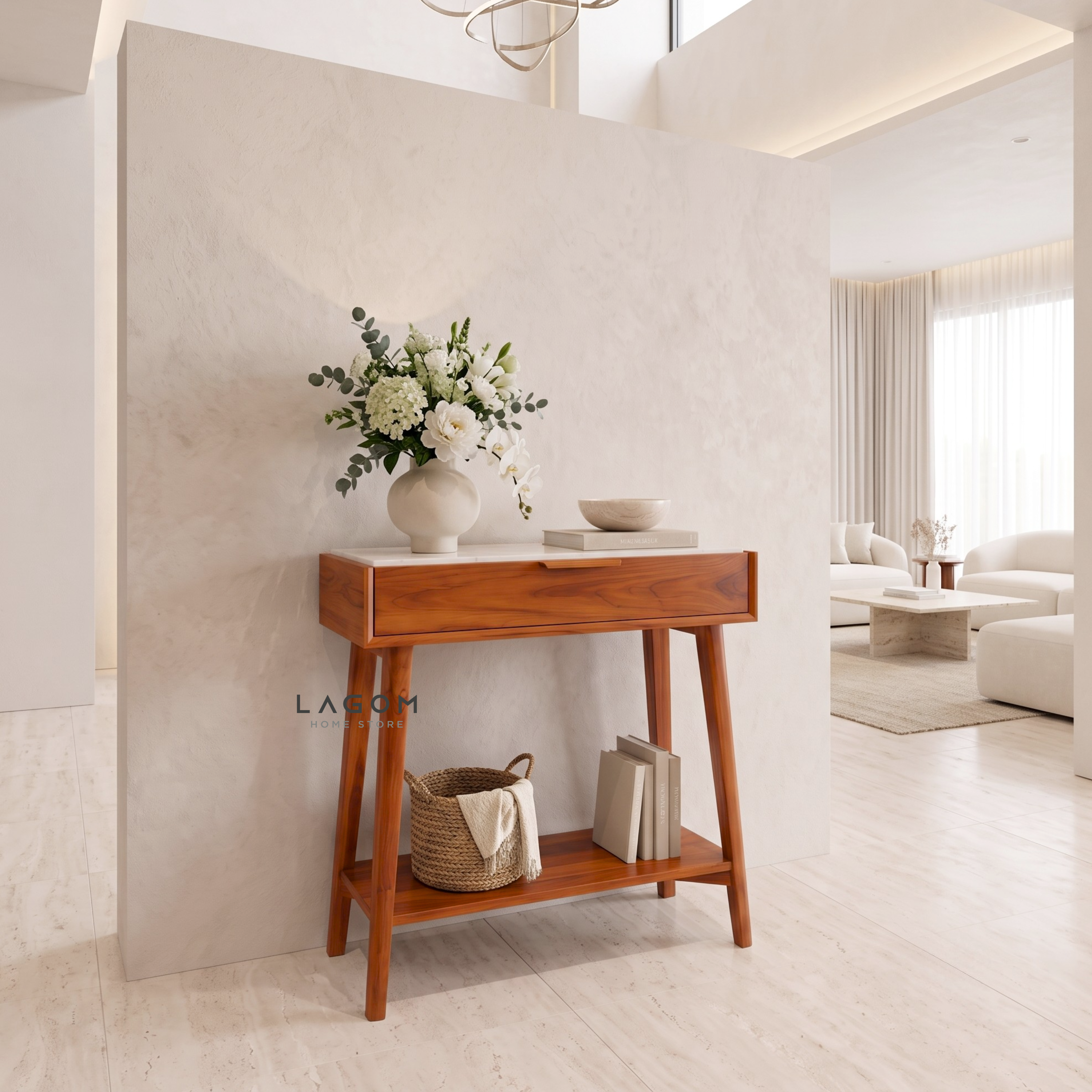 Teak Wood & Marble Console Table