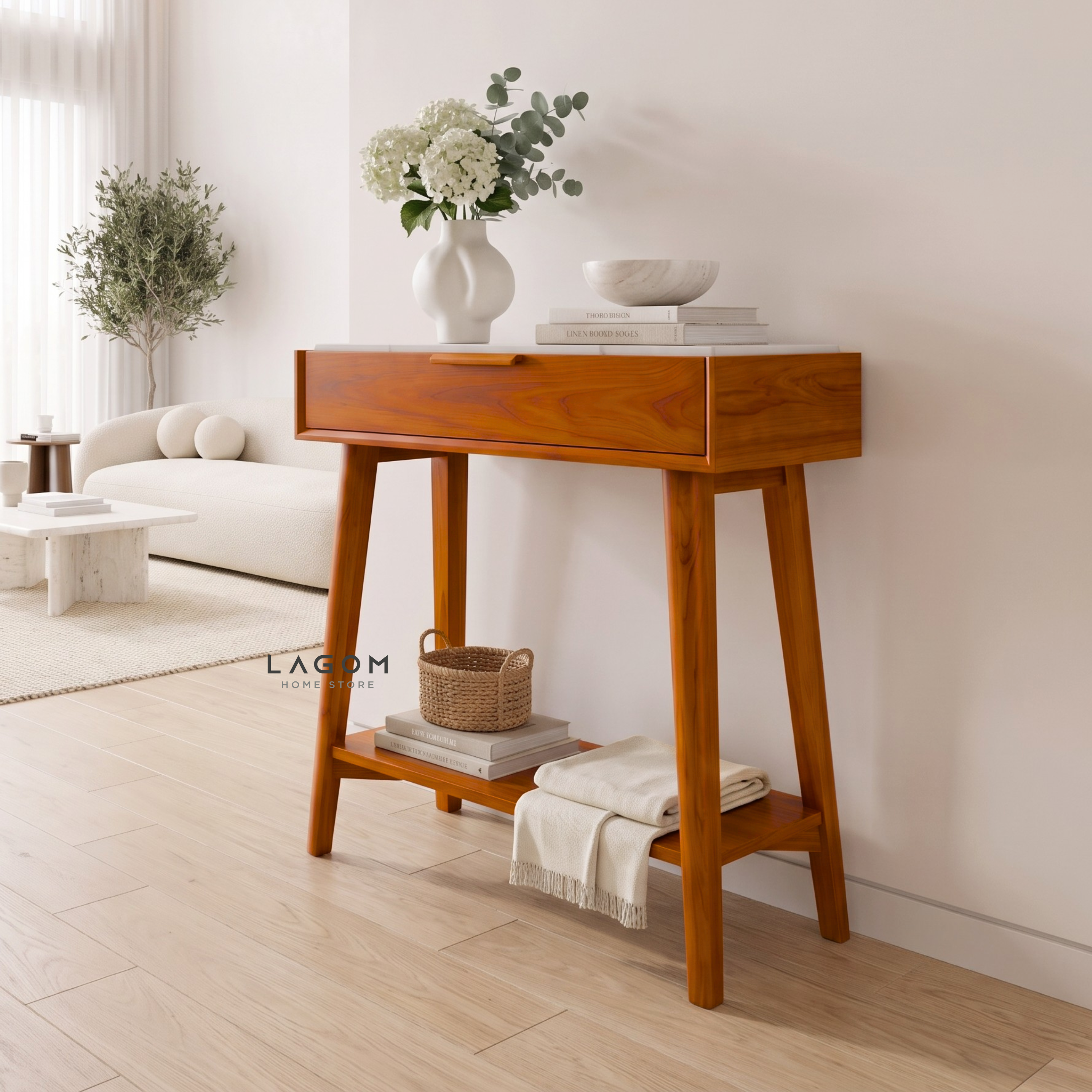 Teak Wood & Marble Console Table