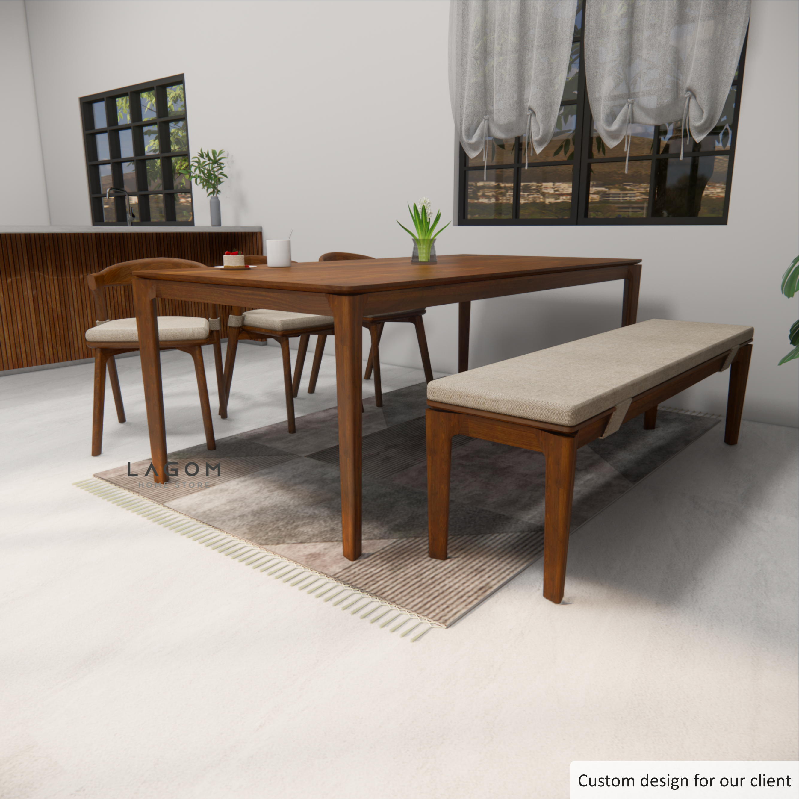 Custom-Made | Exclusive Teak Wood Dining Set with 3 Chairs and 1 Bench